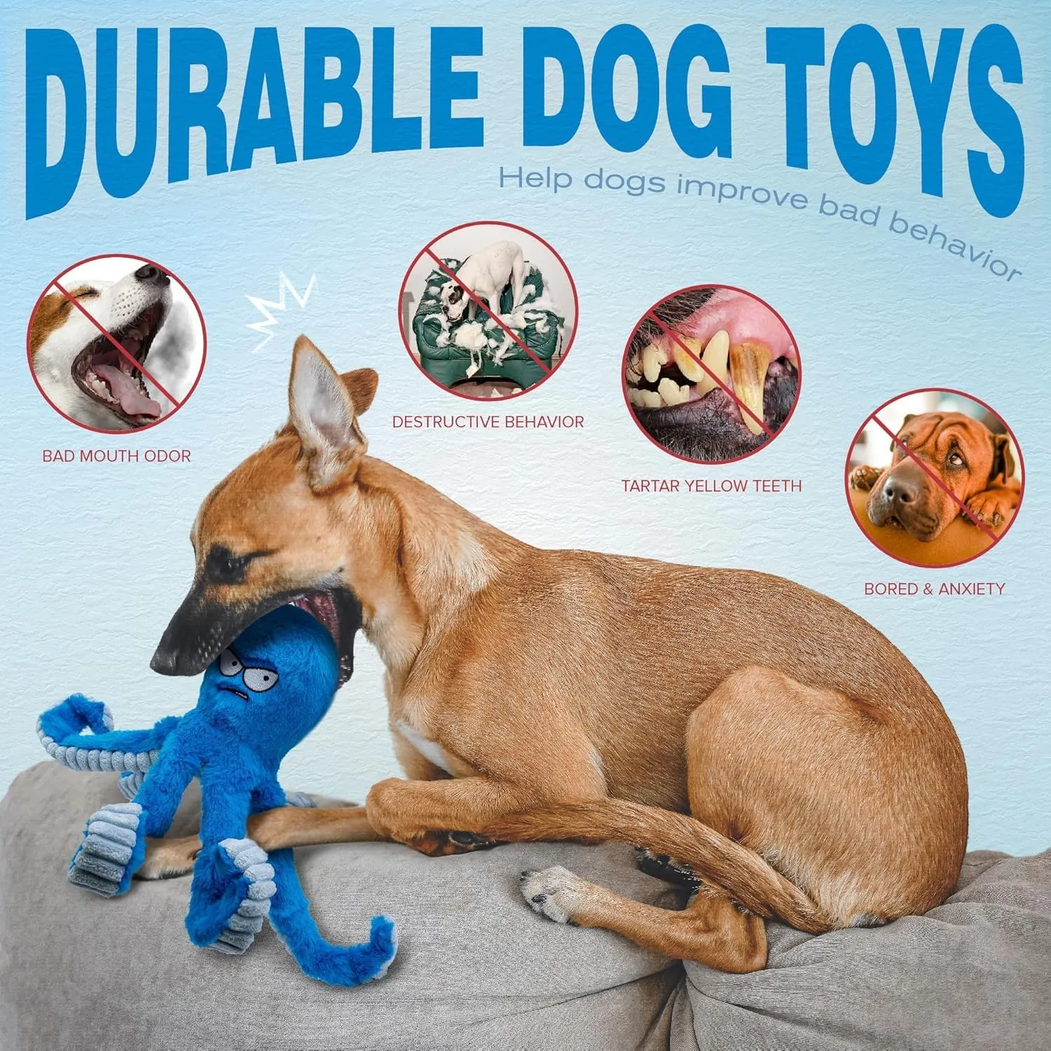 LEGEND SANDY Peluche per cani di grossa taglia, polpo blu interattivo con squittio e fruscii per tiro alla fune - immagine 4