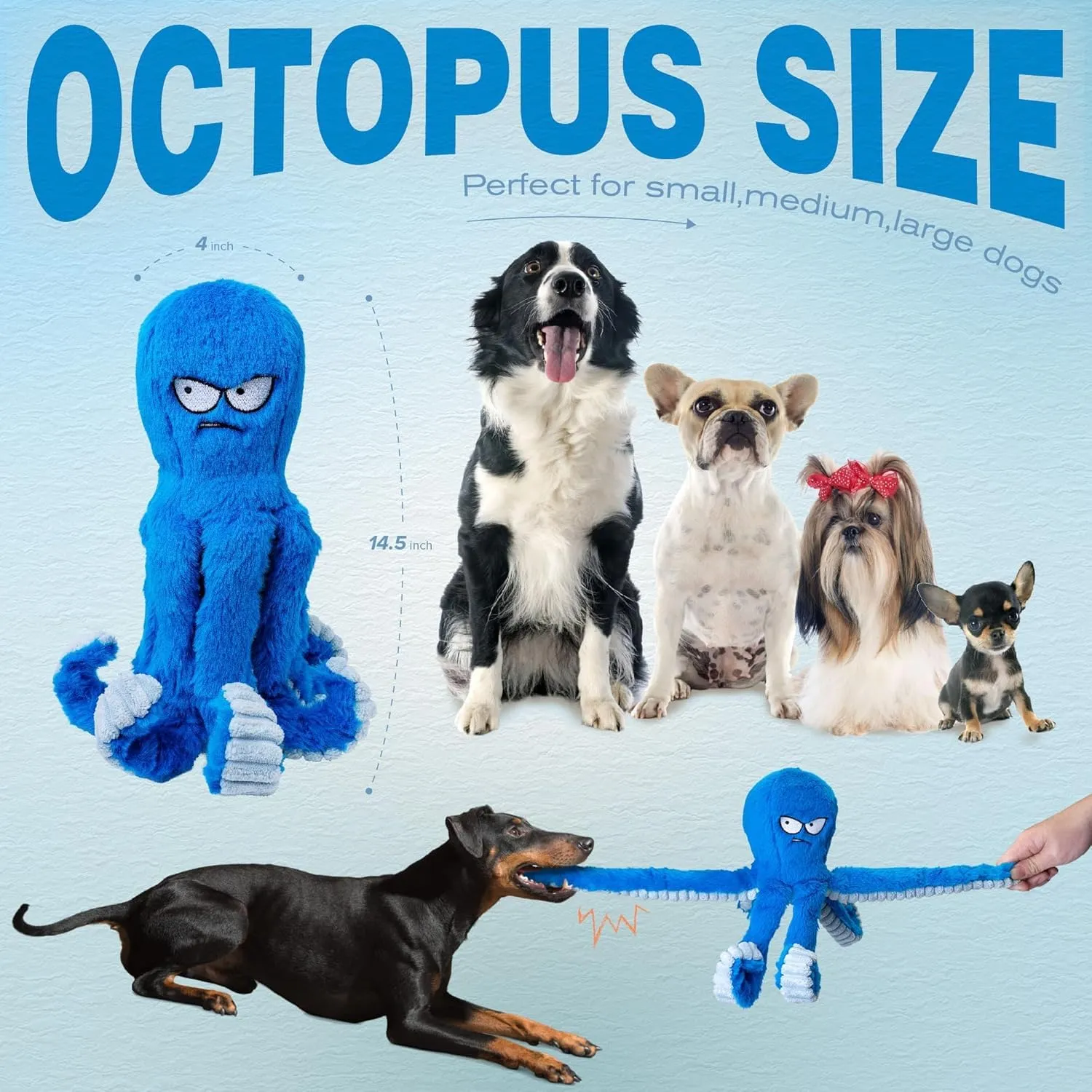 LEGEND SANDY Peluche per cani di grossa taglia, polpo blu interattivo con squittio e fruscii per tiro alla fune - immagine 5