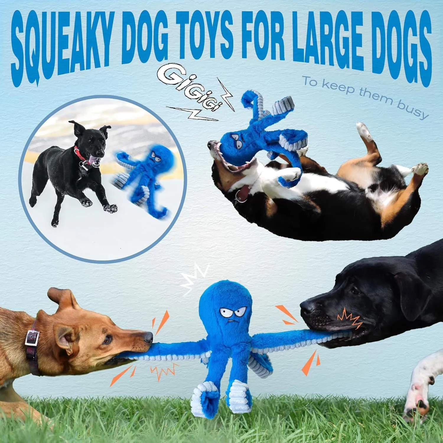 LEGEND SANDY Peluche per cani di grossa taglia, polpo blu interattivo con squittio e fruscii per tiro alla fune - immagine 6