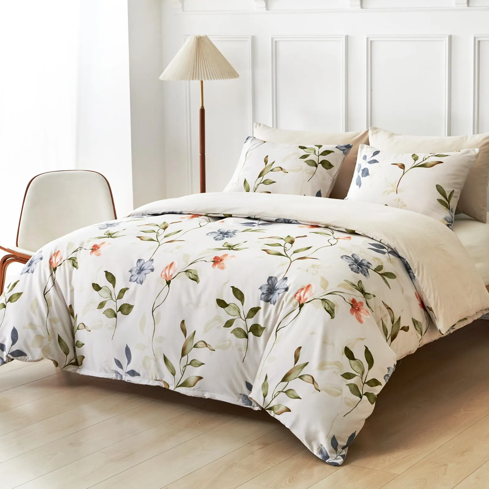 Tokokimo Set Copripiumino Matrimoniale 3 Pezzi in Microfibra con Motivo a Ramoscelli e Foglie, 240x220cm, Bianco/Verde - immagine 1