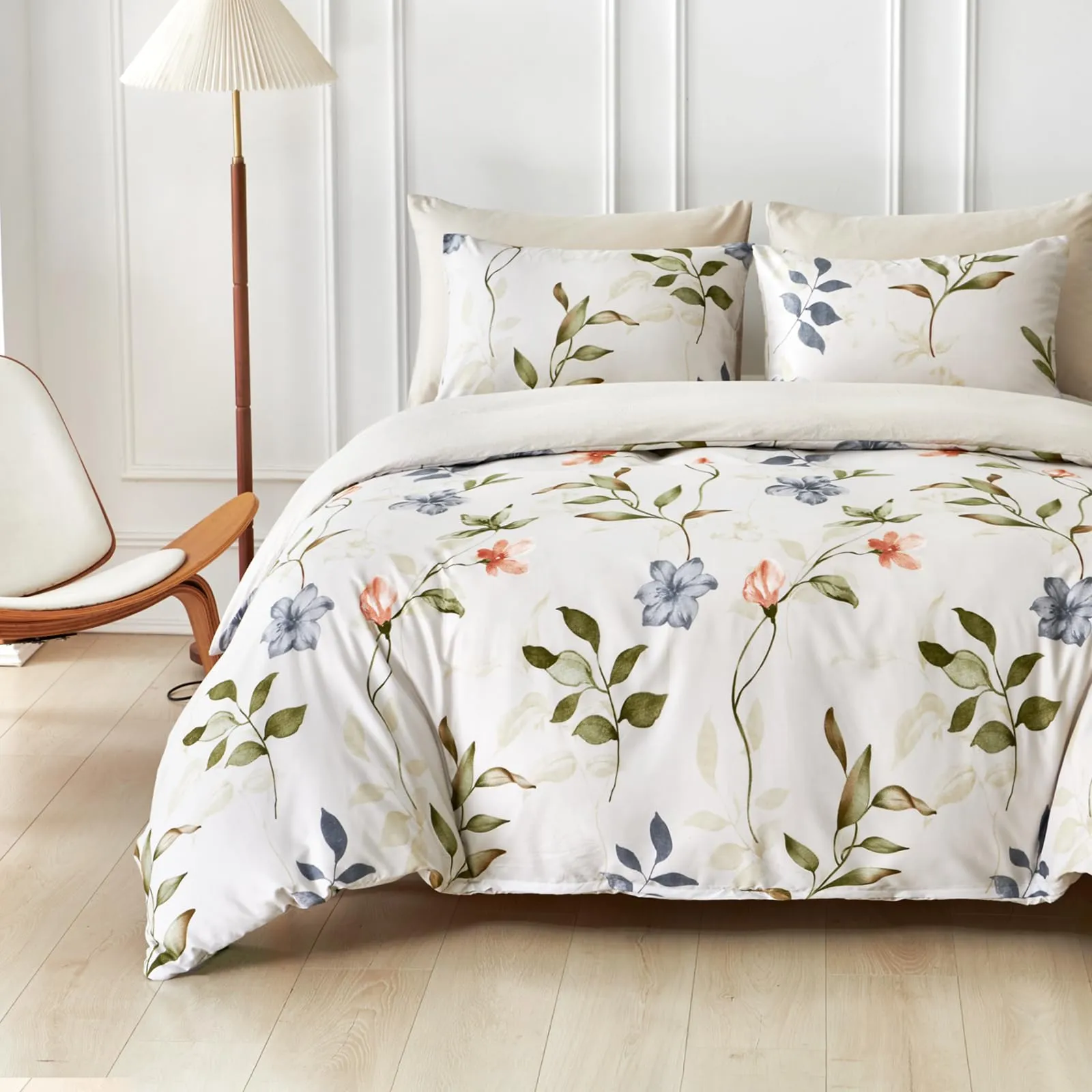 Tokokimo Set Copripiumino Matrimoniale 3 Pezzi in Microfibra con Motivo a Ramoscelli e Foglie, 240x220cm, Bianco/Verde - immagine 2