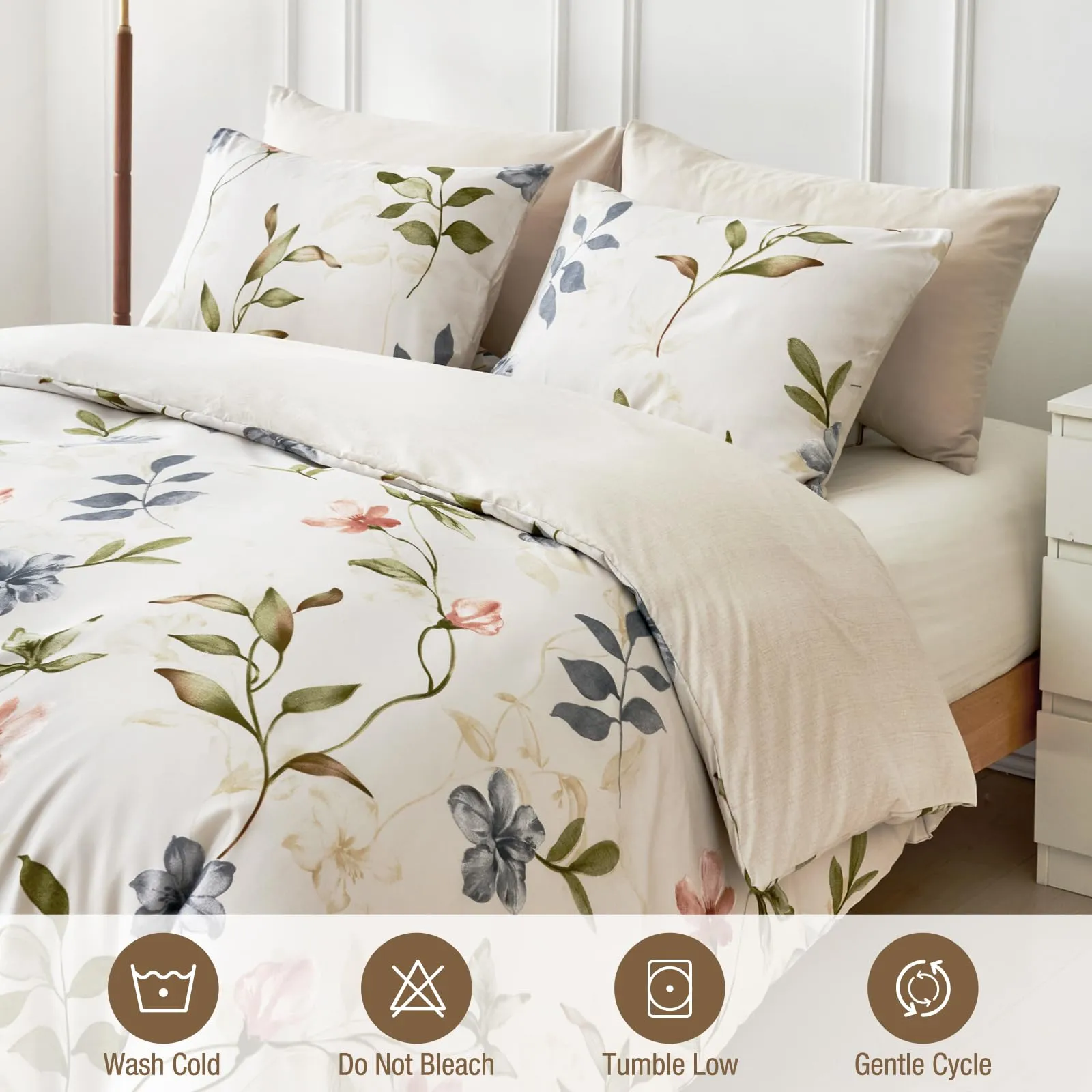 Tokokimo Set Copripiumino Matrimoniale 3 Pezzi in Microfibra con Motivo a Ramoscelli e Foglie, 240x220cm, Bianco/Verde - immagine 3