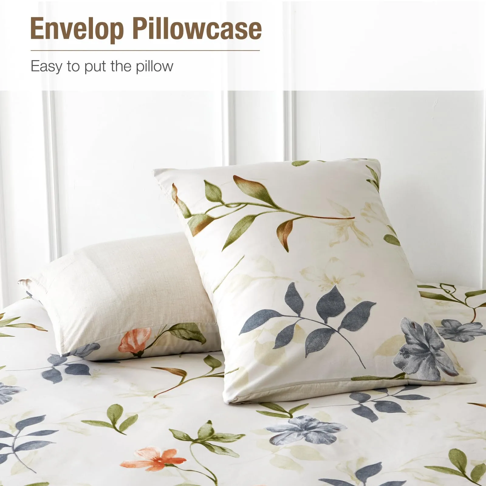 Tokokimo Set Copripiumino Matrimoniale 3 Pezzi in Microfibra con Motivo a Ramoscelli e Foglie, 240x220cm, Bianco/Verde - immagine 7