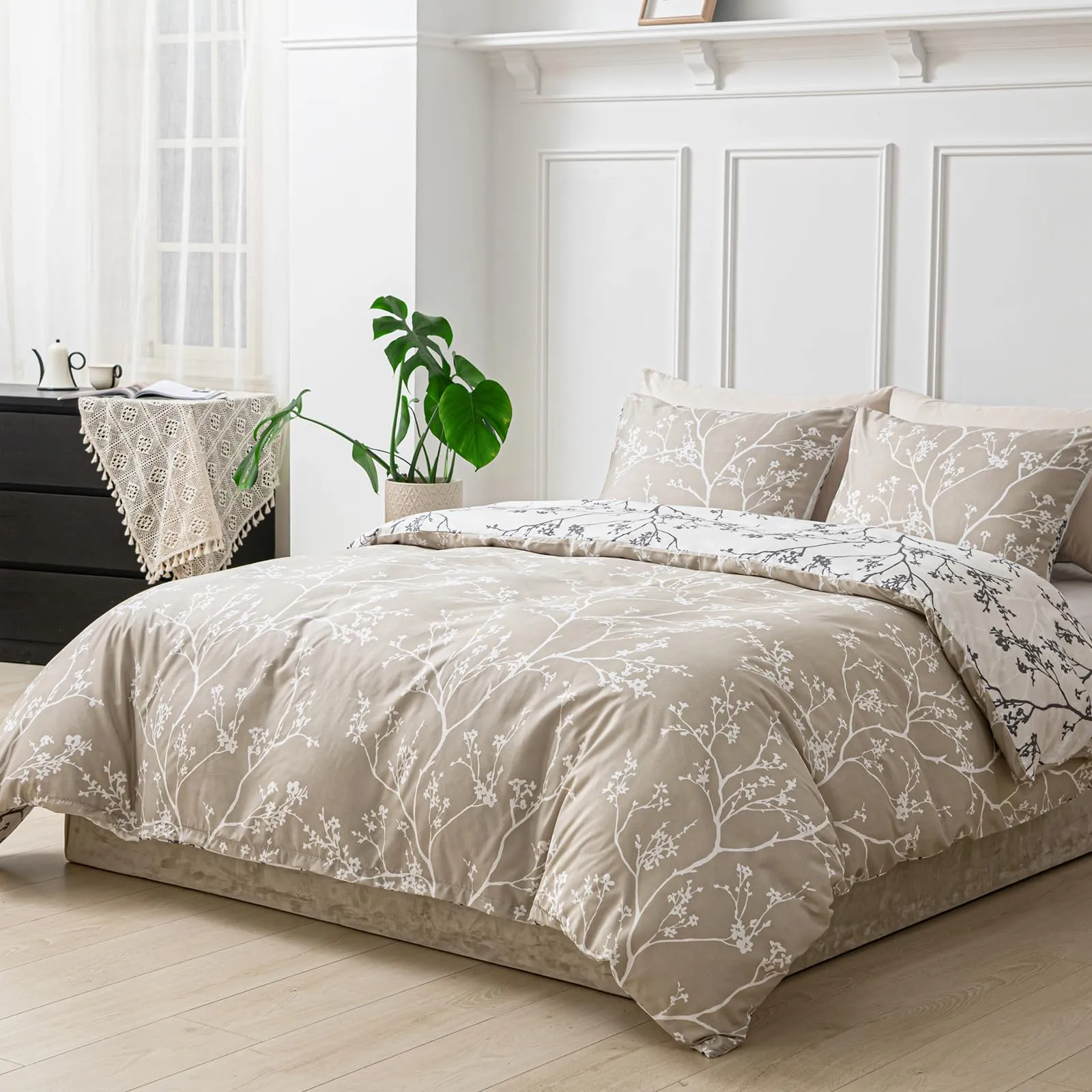 Tokokimo Set Copripiumino Matrimoniale 3 Pezzi in Microfibra con Motivo a Ramoscelli e Foglie, 240x220cm, Cachi - immagine 2