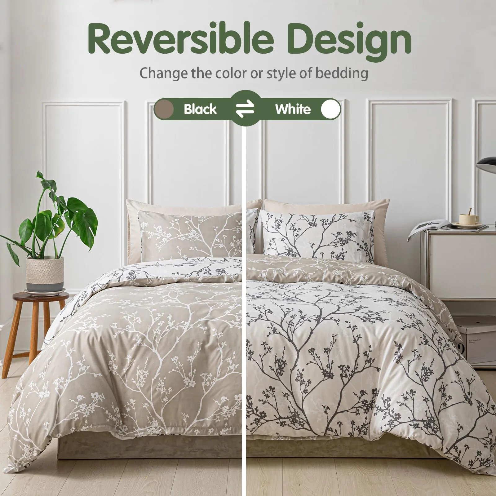 Tokokimo Set Copripiumino Matrimoniale 3 Pezzi in Microfibra con Motivo a Ramoscelli e Foglie, 240x220cm, Cachi - immagine 3