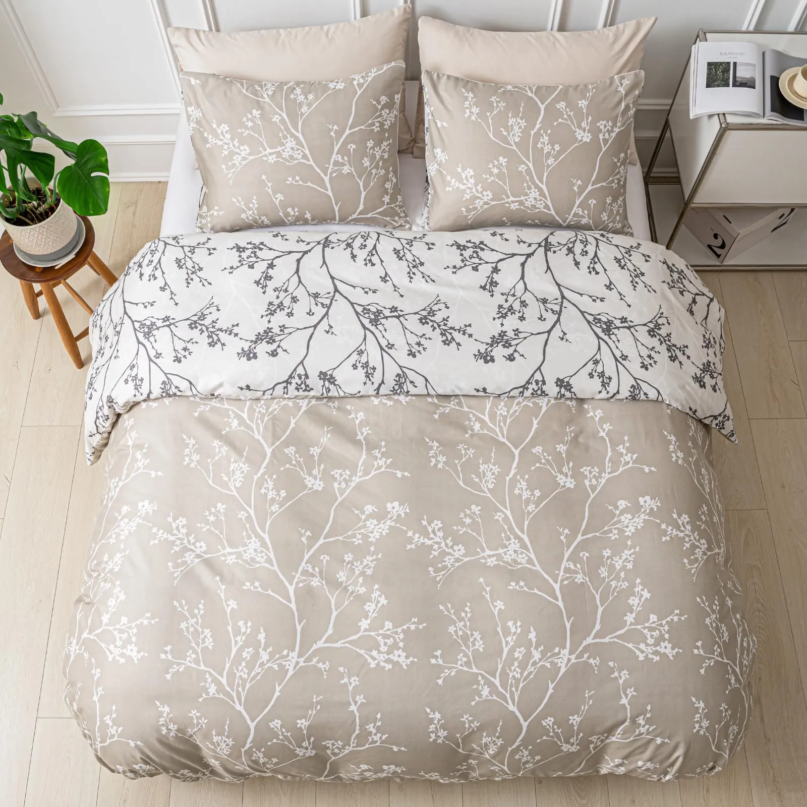 Tokokimo Set Copripiumino Matrimoniale 3 Pezzi in Microfibra con Motivo a Ramoscelli e Foglie, 240x220cm, Cachi - immagine 4