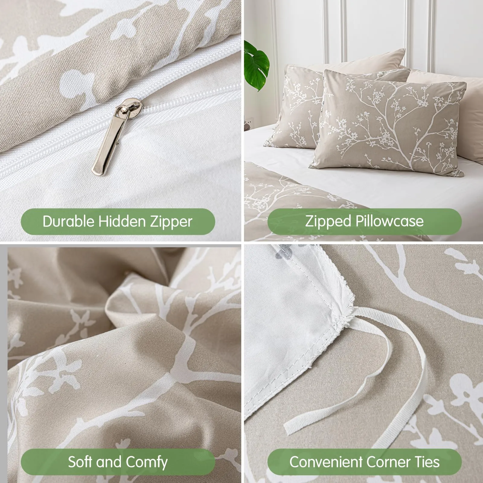 Tokokimo Set Copripiumino Matrimoniale 3 Pezzi in Microfibra con Motivo a Ramoscelli e Foglie, 240x220cm, Cachi - immagine 7