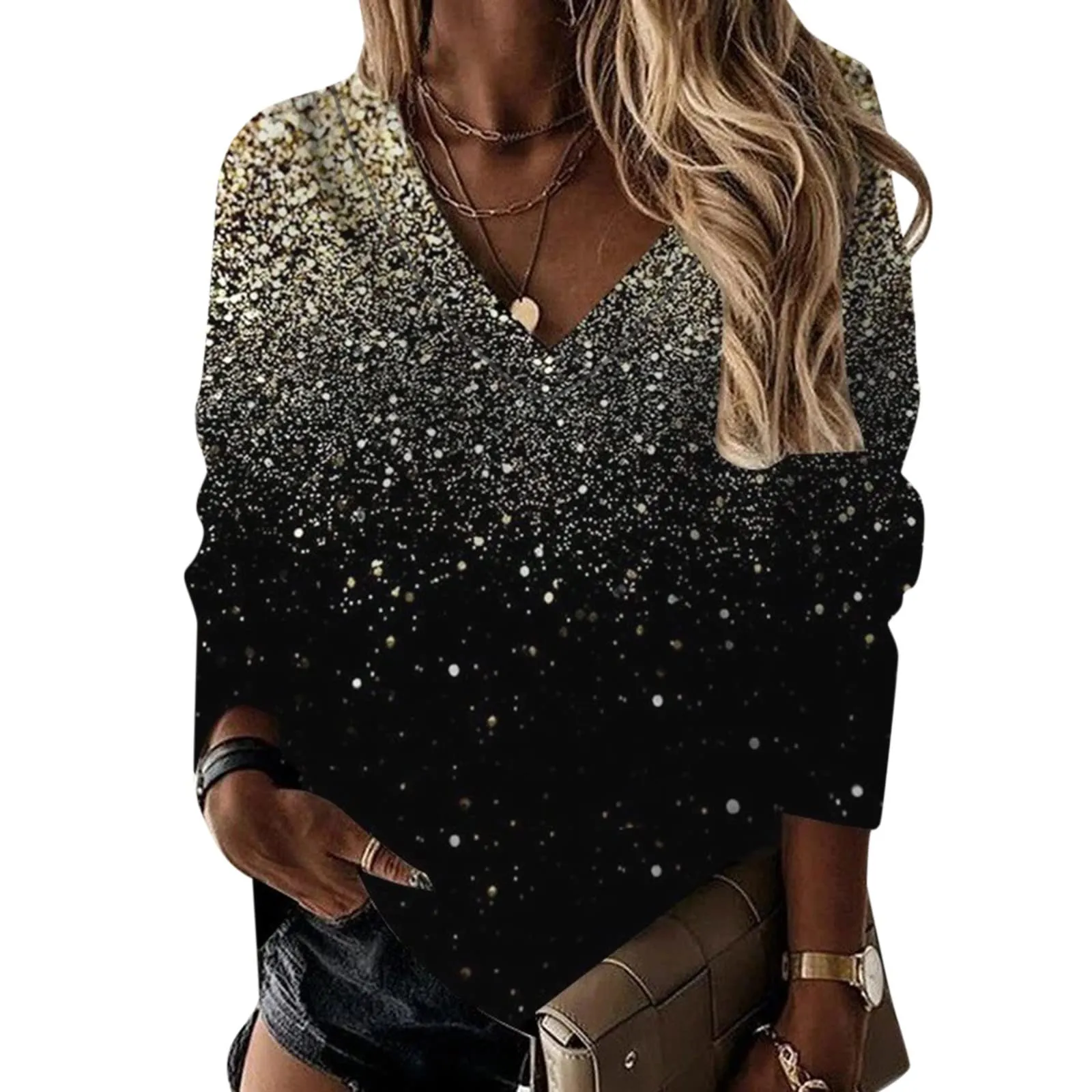 Uwdiohq Camicia Casual da Donna Girocollo Maniche Lunghe con Scollo a V - immagine 2