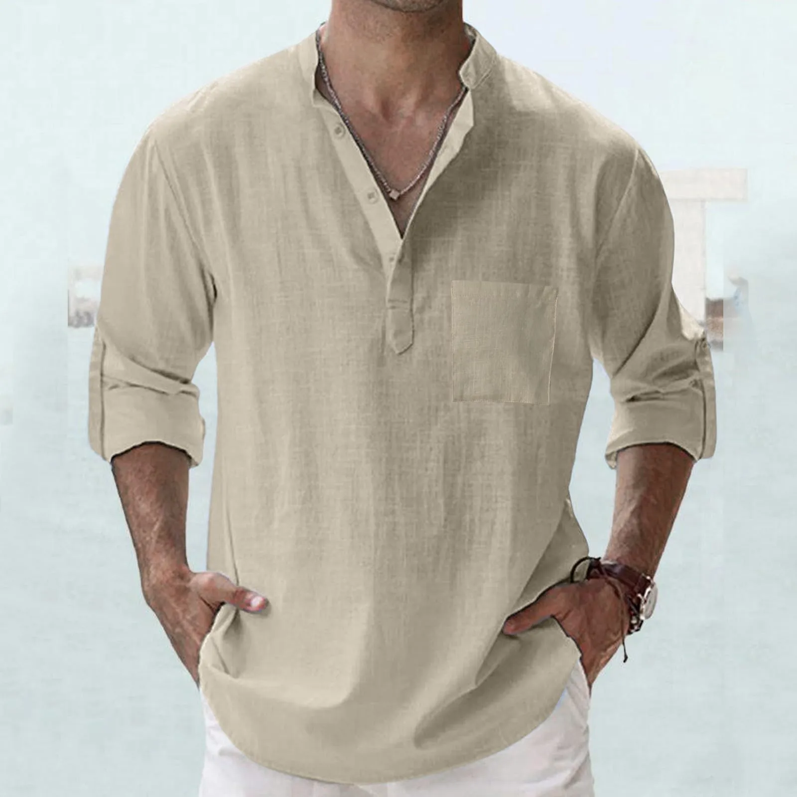 CEWIFO Camicia Hawaiana Uomo Slim Fit in Lino Maniche Lunghe Colore Puro - immagine 2