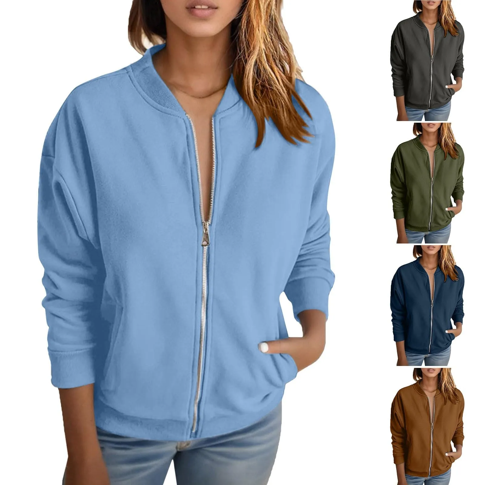 Gefomuofe Felpa senza cappuccio da donna a maniche lunghe con zip stile bomber BU1, M - immagine 6
