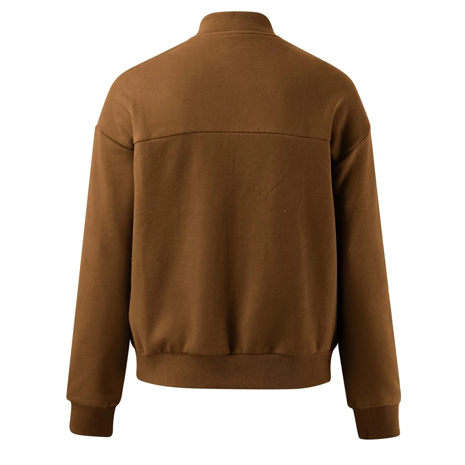 Gefomuofe Felpa senza cappuccio da donna, maniche lunghe, con zip, stile bomber, marrone, L - immagine 5