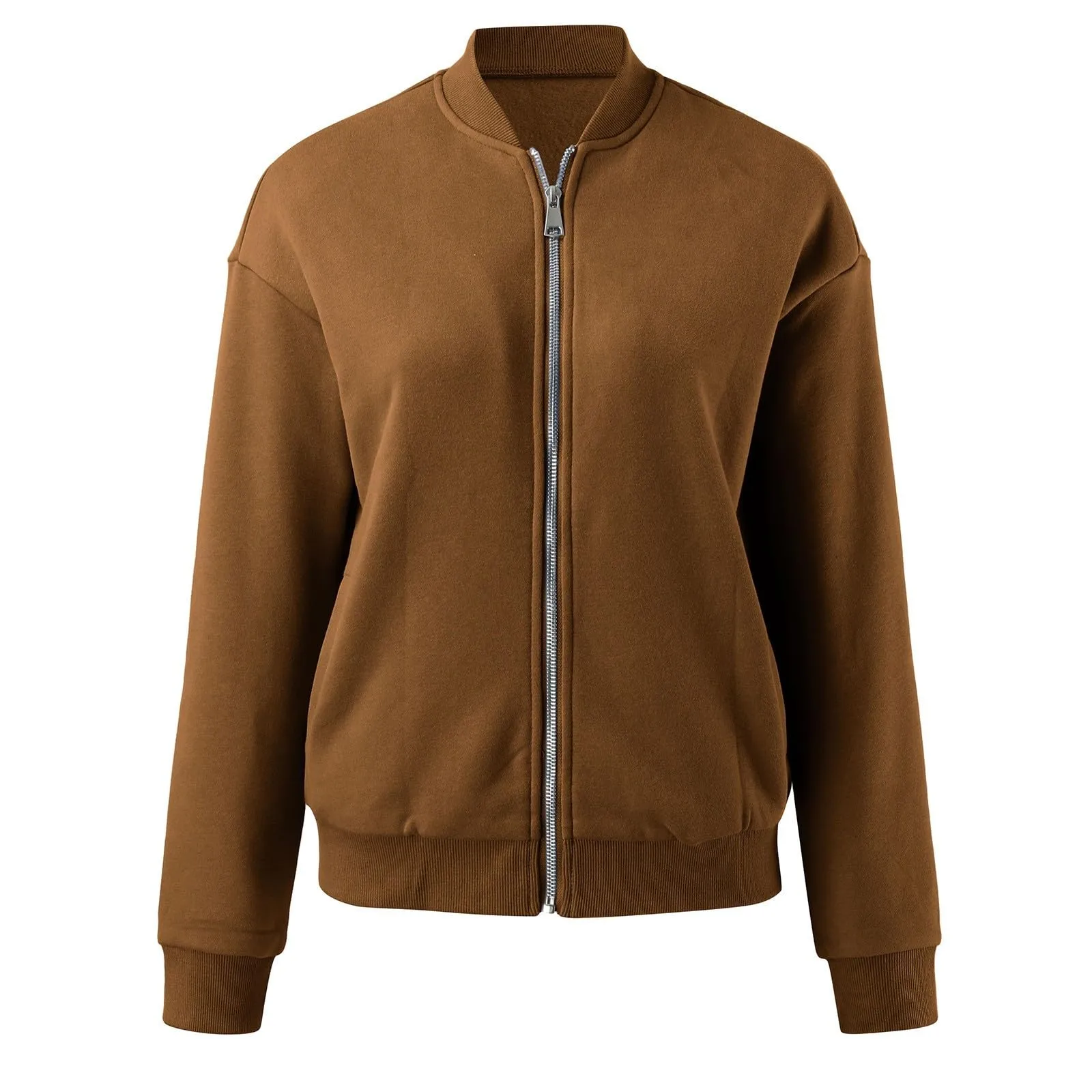 Gefomuofe Felpa senza cappuccio da donna con colletto a cerniera, giacca da aviatore autunnale, marrone, XL - immagine 4