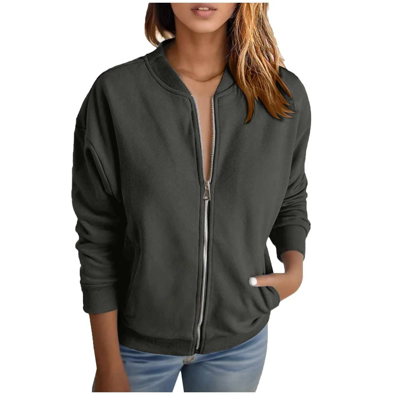 Gefomuofe Felpa senza cappuccio da donna con zip stile bomber, grigio, XXL - immagine 1