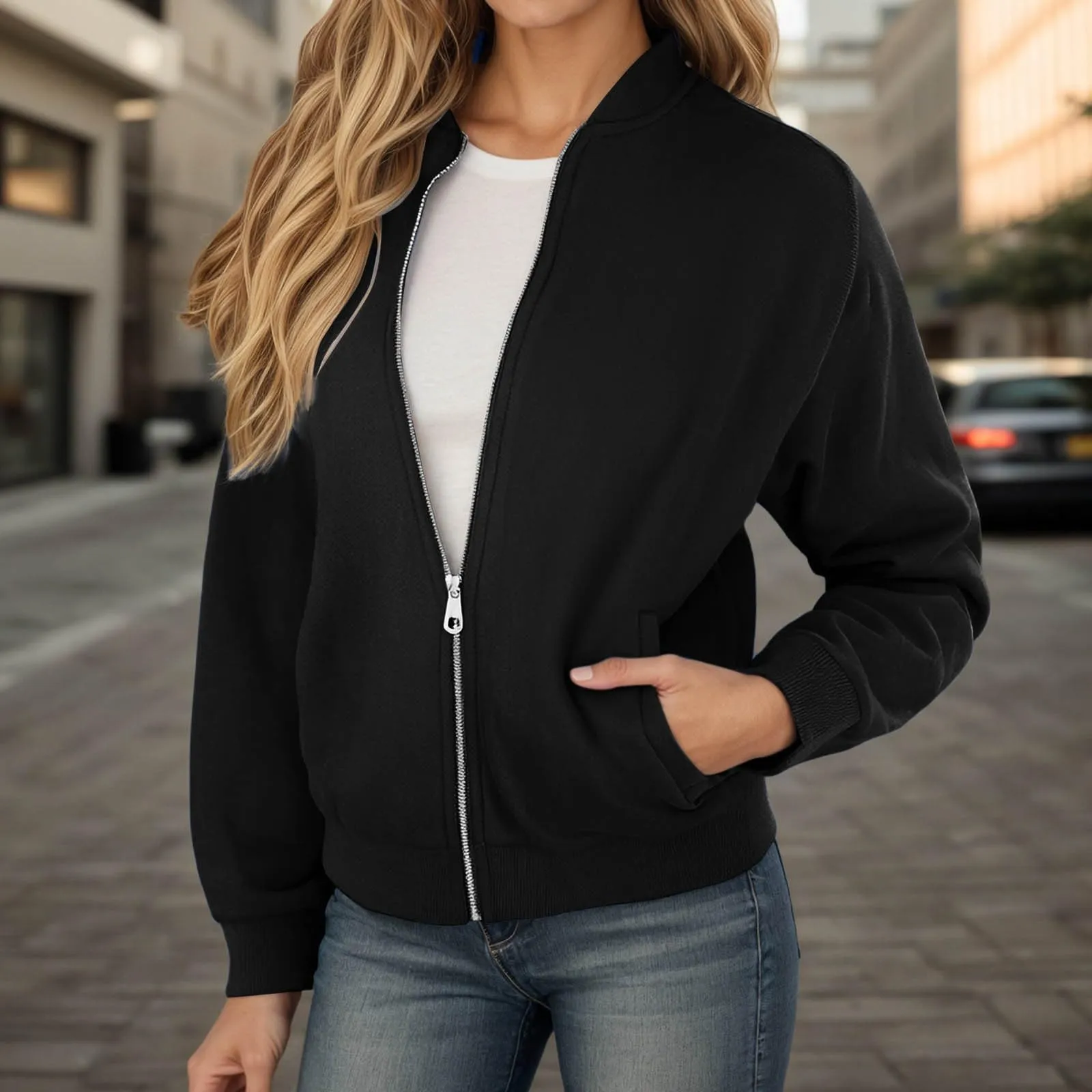Gefomuofe Felpa senza cappuccio da donna con zip stile bomber, Nero, XL - immagine 2