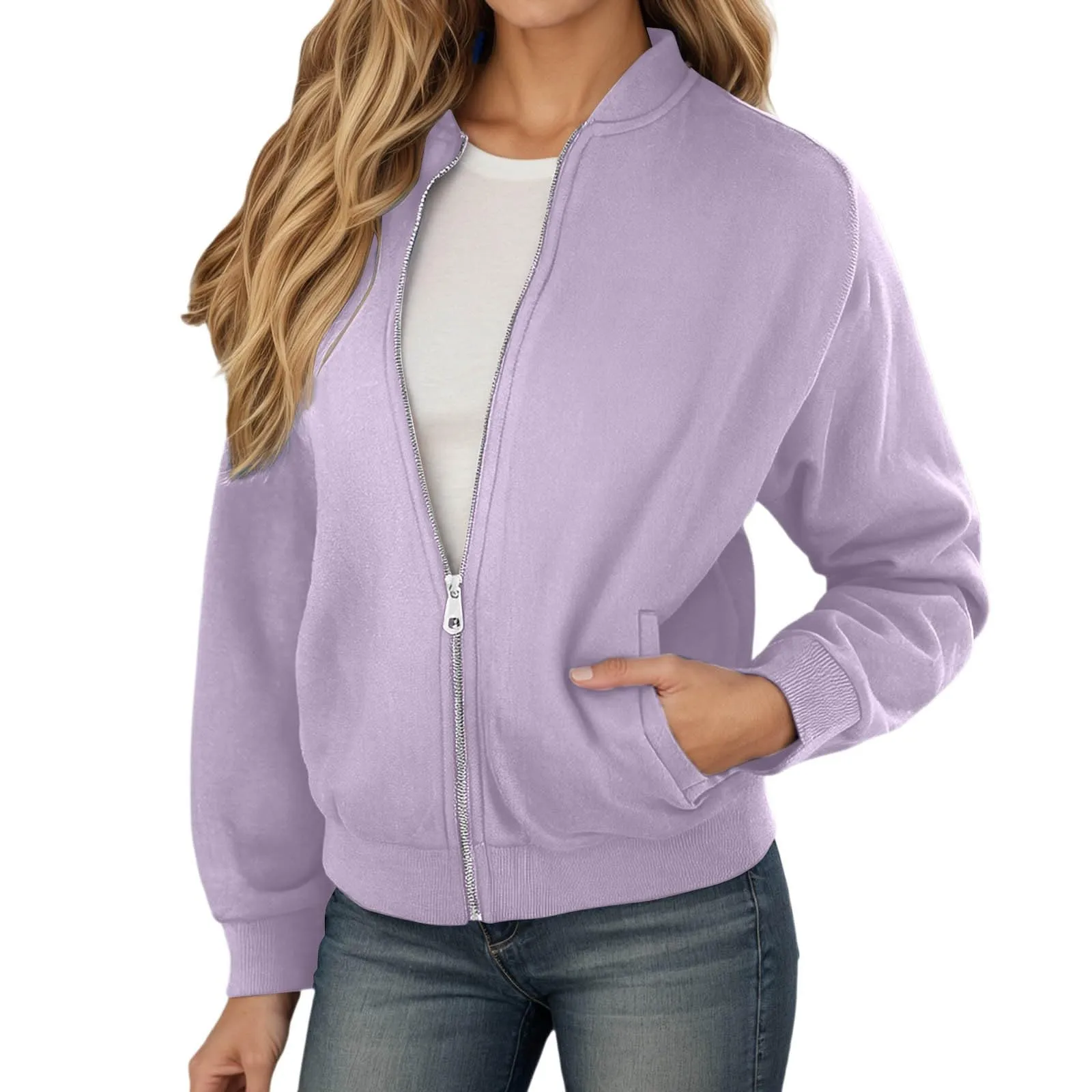 Gefomuofe Felpa senza cappuccio da donna, stile bomber con zip, viola chiaro, 3XL - immagine 1