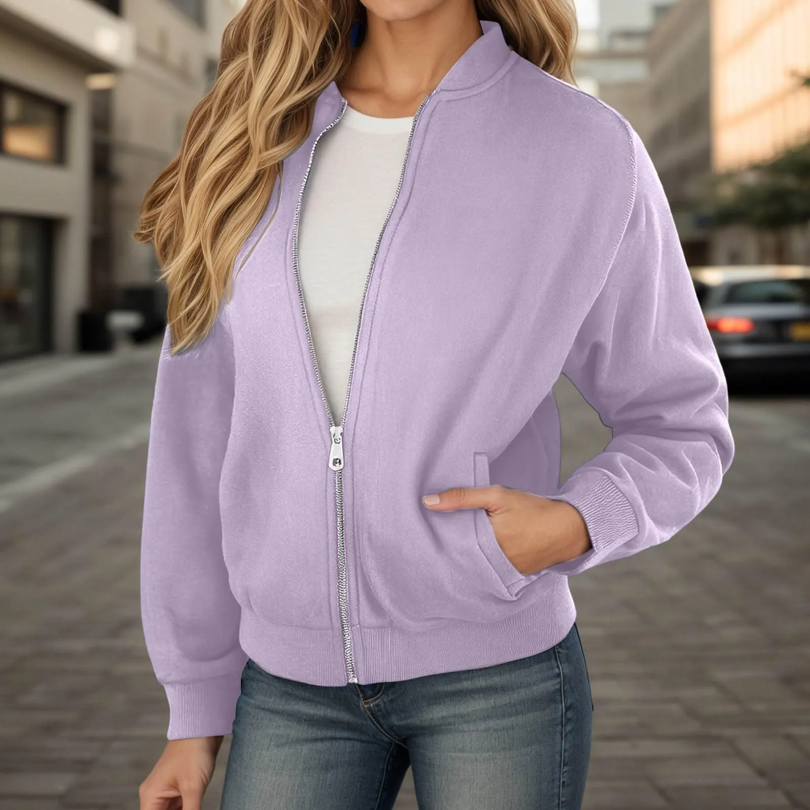Gefomuofe Felpa senza cappuccio da donna, stile bomber con zip, viola chiaro, 3XL - immagine 2