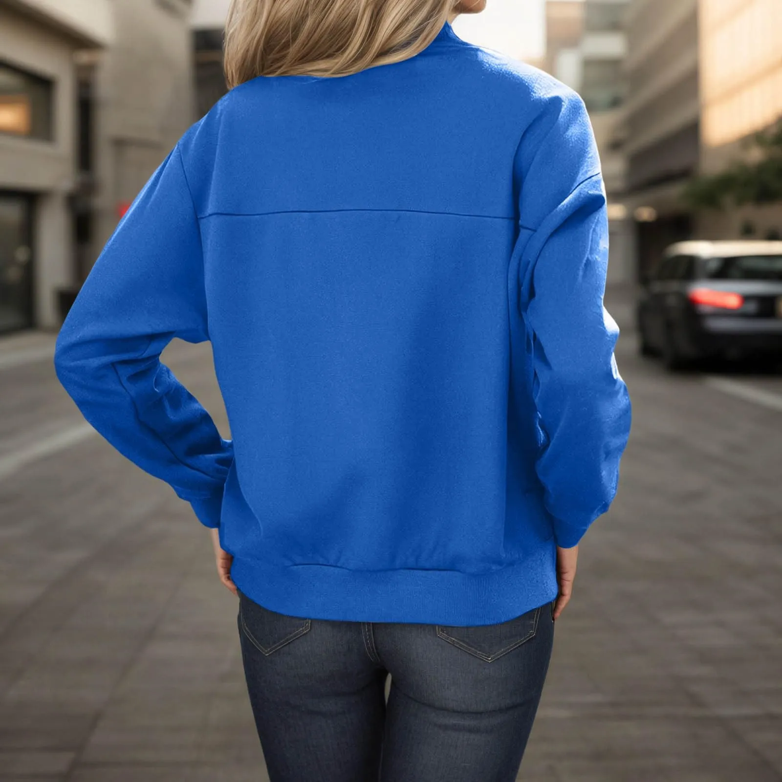 Gefomuofe Felpa senza cappuccio da donna con colletto a cerniera, Blu, L - immagine 3
