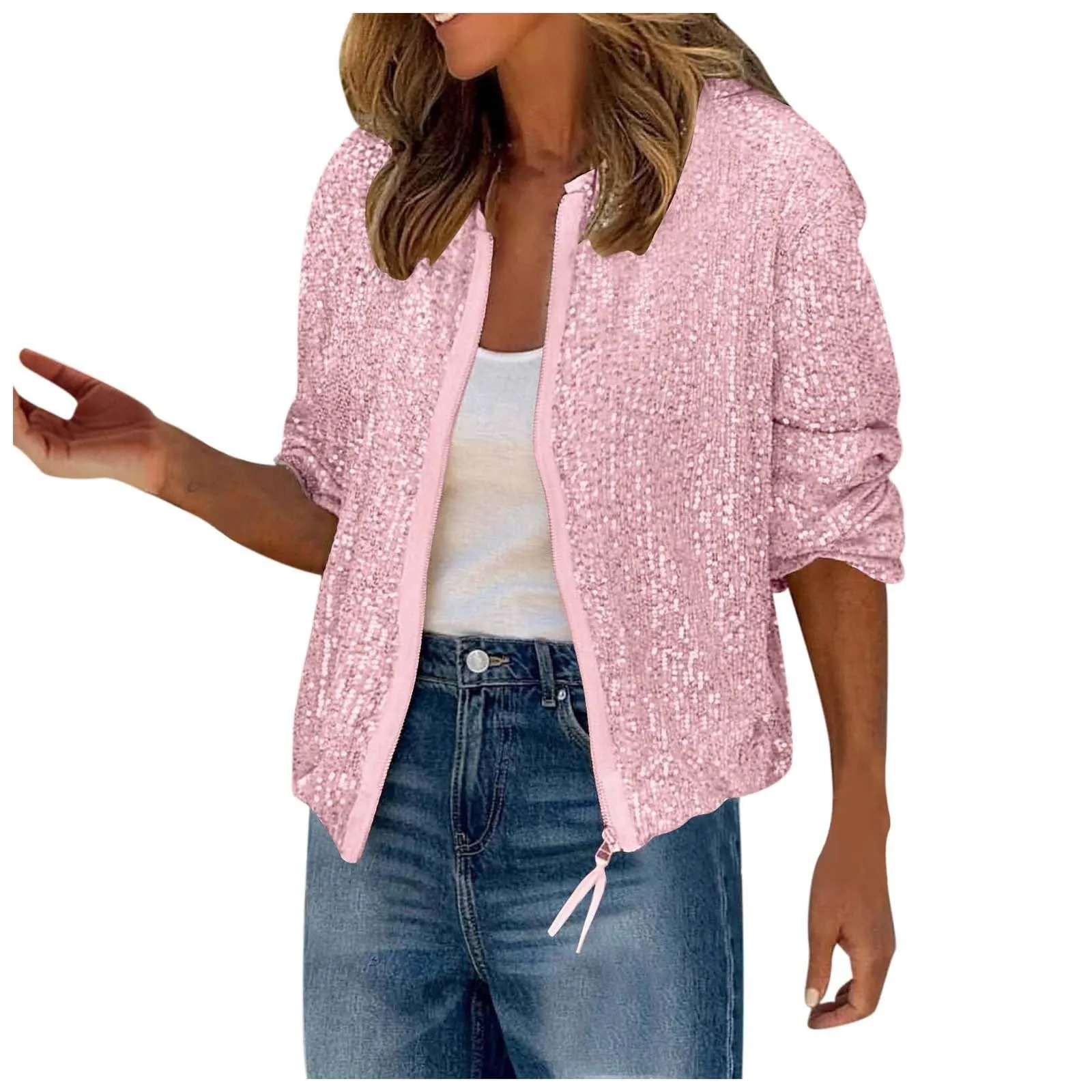 Gefomuofe Felpa senza cappuccio da donna con colletto a cerniera, rosa, L - immagine 1
