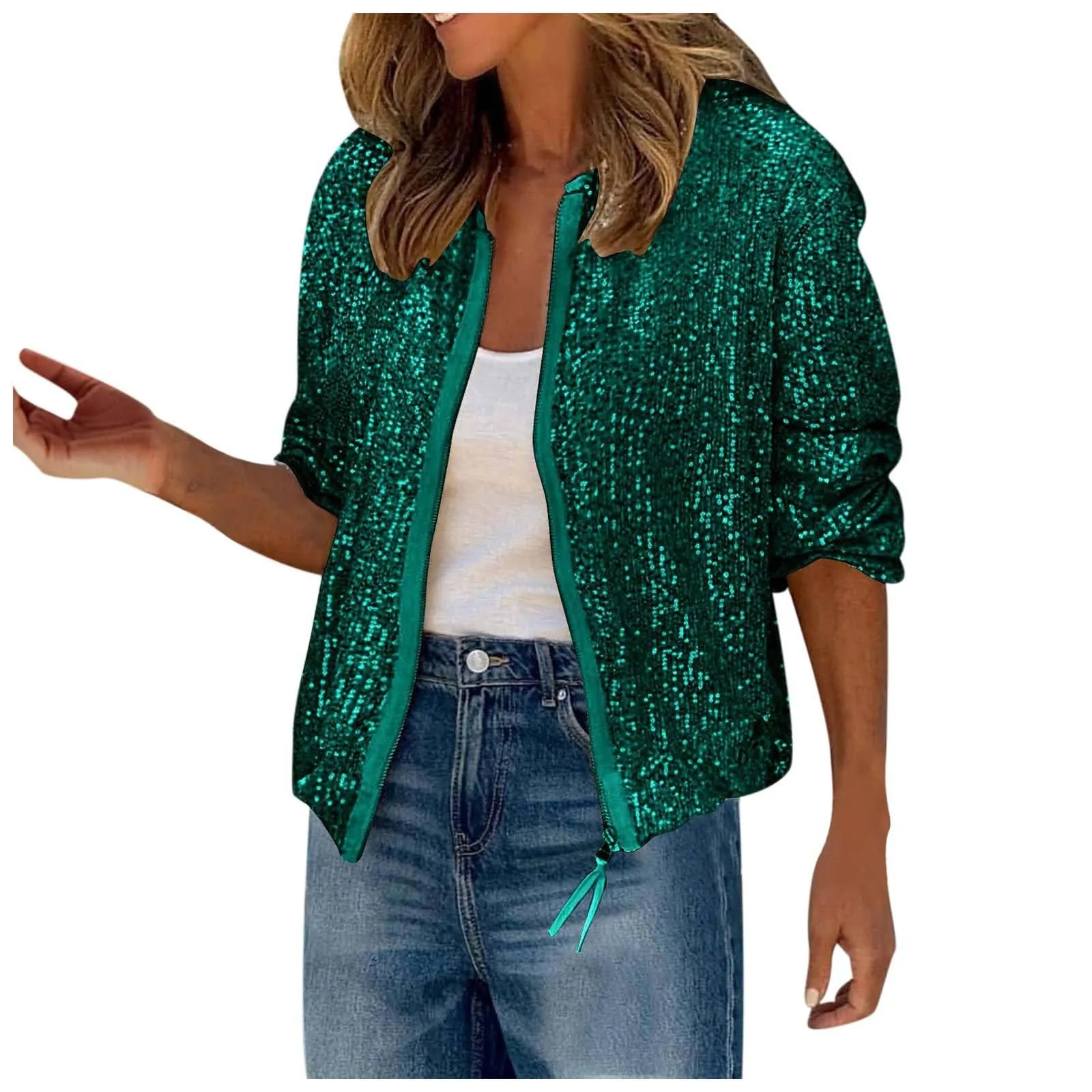 Gefomuofe Felpa senza cappuccio da donna con colletto con cerniera, verde, M - immagine 1