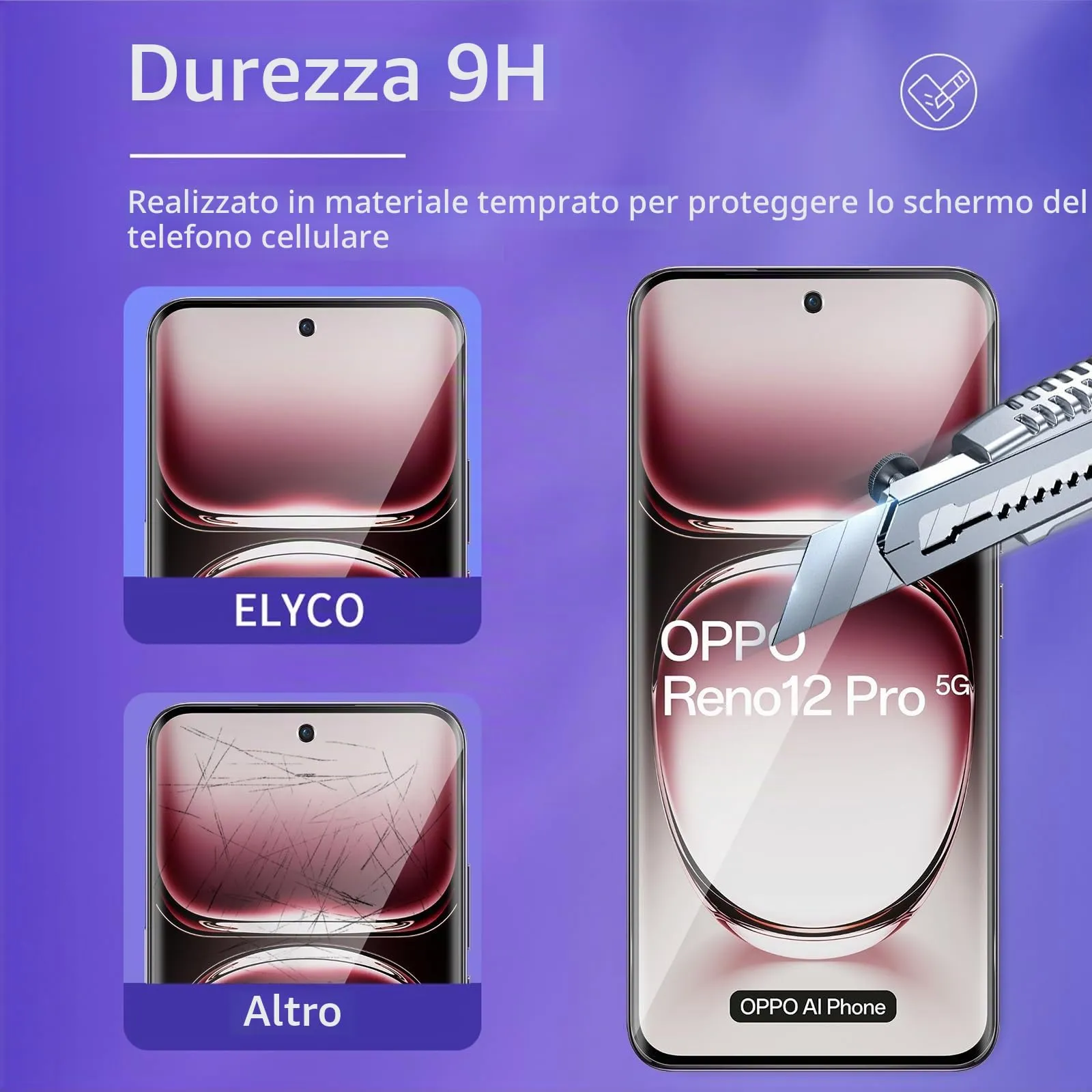 ELYCO Vetro Temperato per OPPO Reno 12 Pro 5G, 2+2 Pezzi - immagine 3