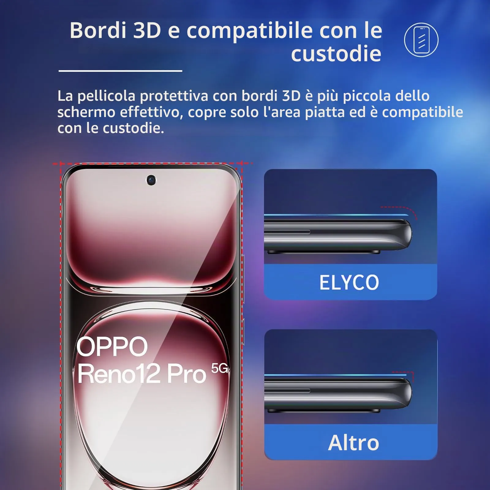 ELYCO Vetro Temperato per OPPO Reno 12 Pro 5G, 2+2 Pezzi - immagine 5