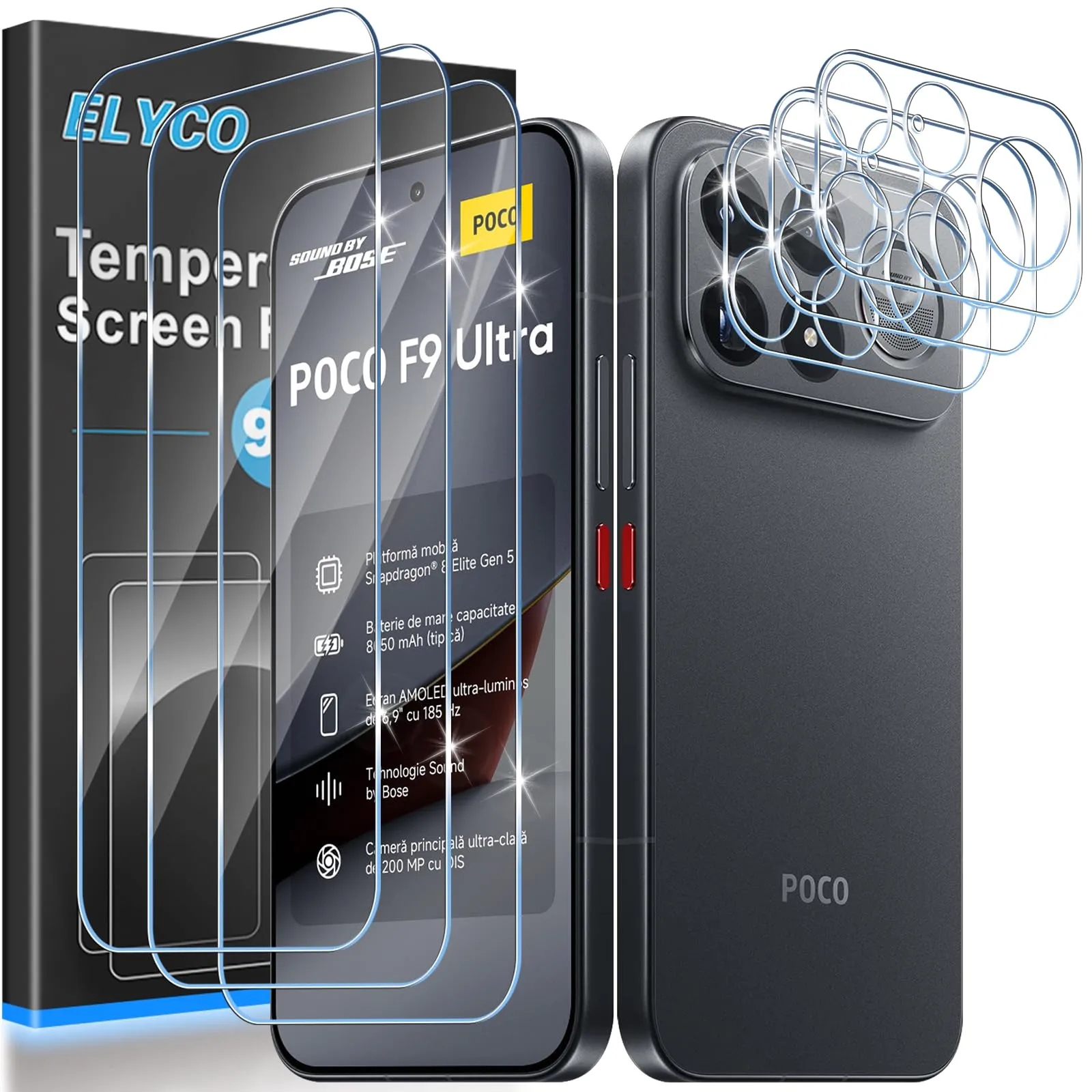 ELYCO Vetro Temperato per Xiaomi POCO F9 Ultra, 3+3 Pezzi - immagine 1
