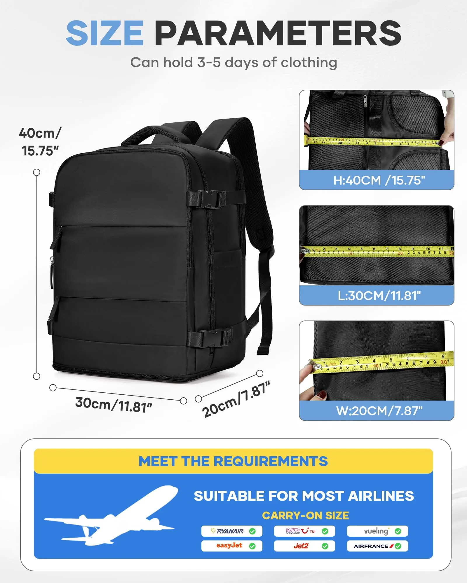BJLFS Zaino da Viaggio Ryanair 40x30x20 Sottovuoto con Pompa - immagine 3