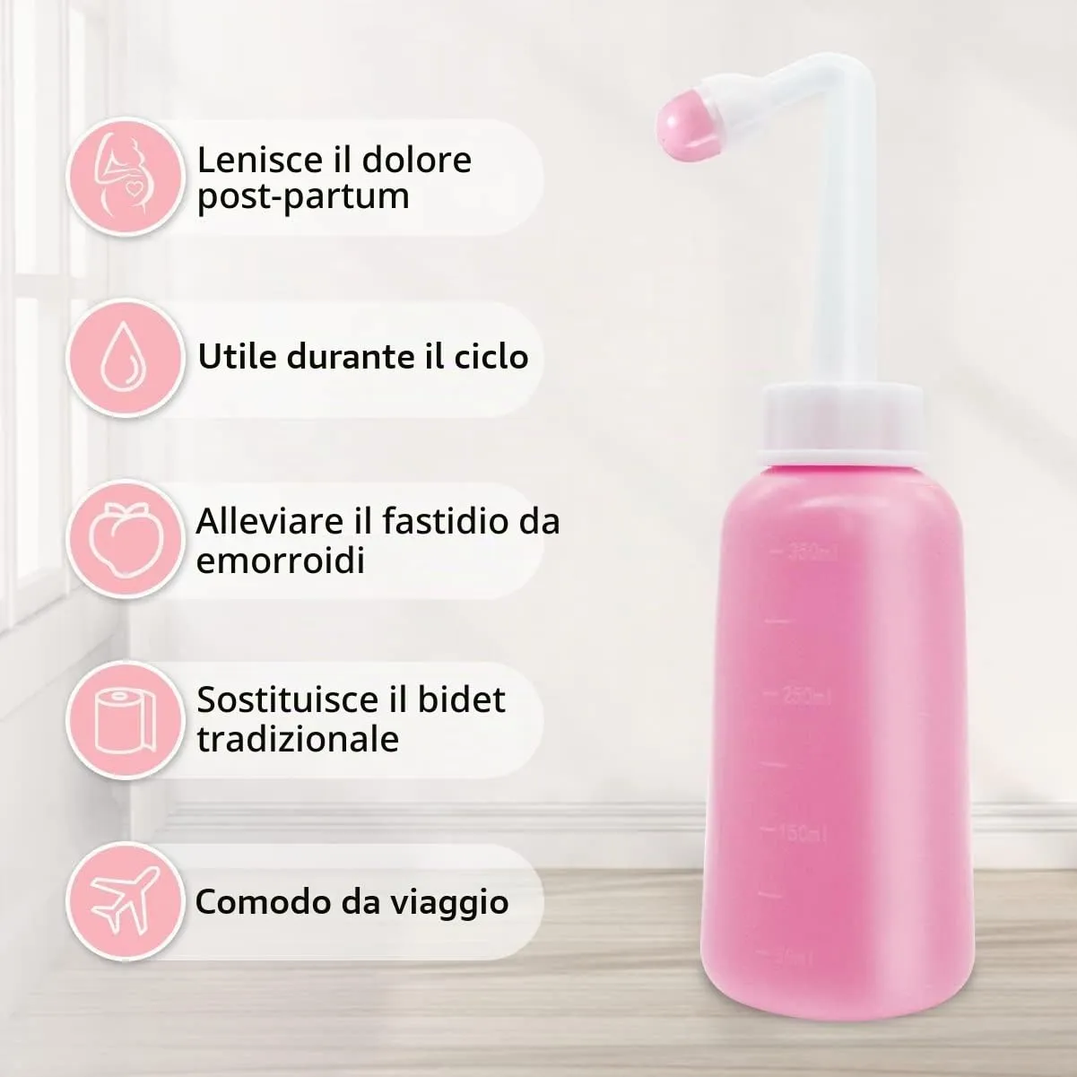 Showvigor Bidet Portatile Peri Bottle Post Partum 350ml con Borsa Impermeabile, Rosa - immagine 4