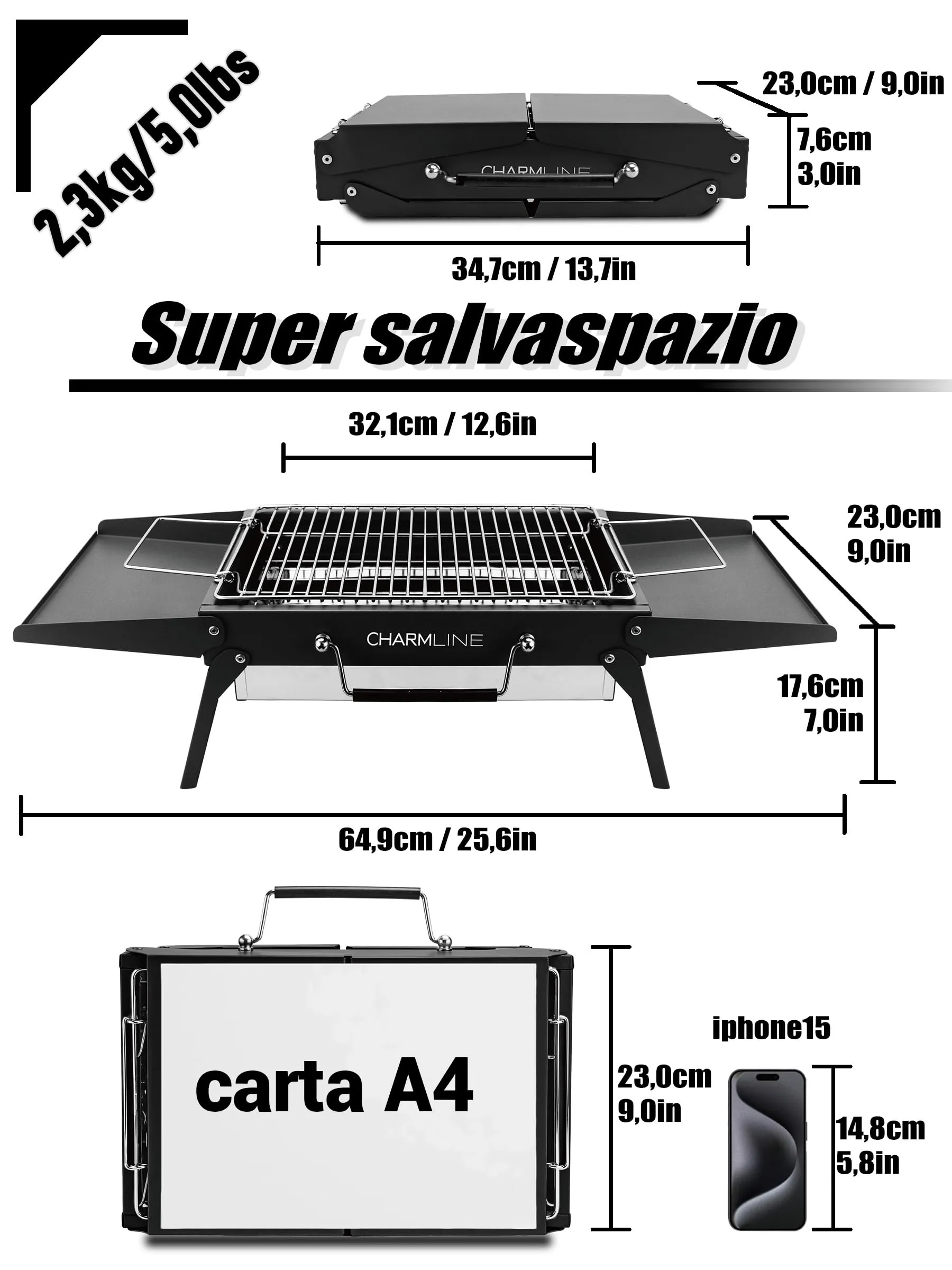 Charmline Griglia a Carbone Portatile Pieghevole, 34 x 23 cm, Nero - immagine 2