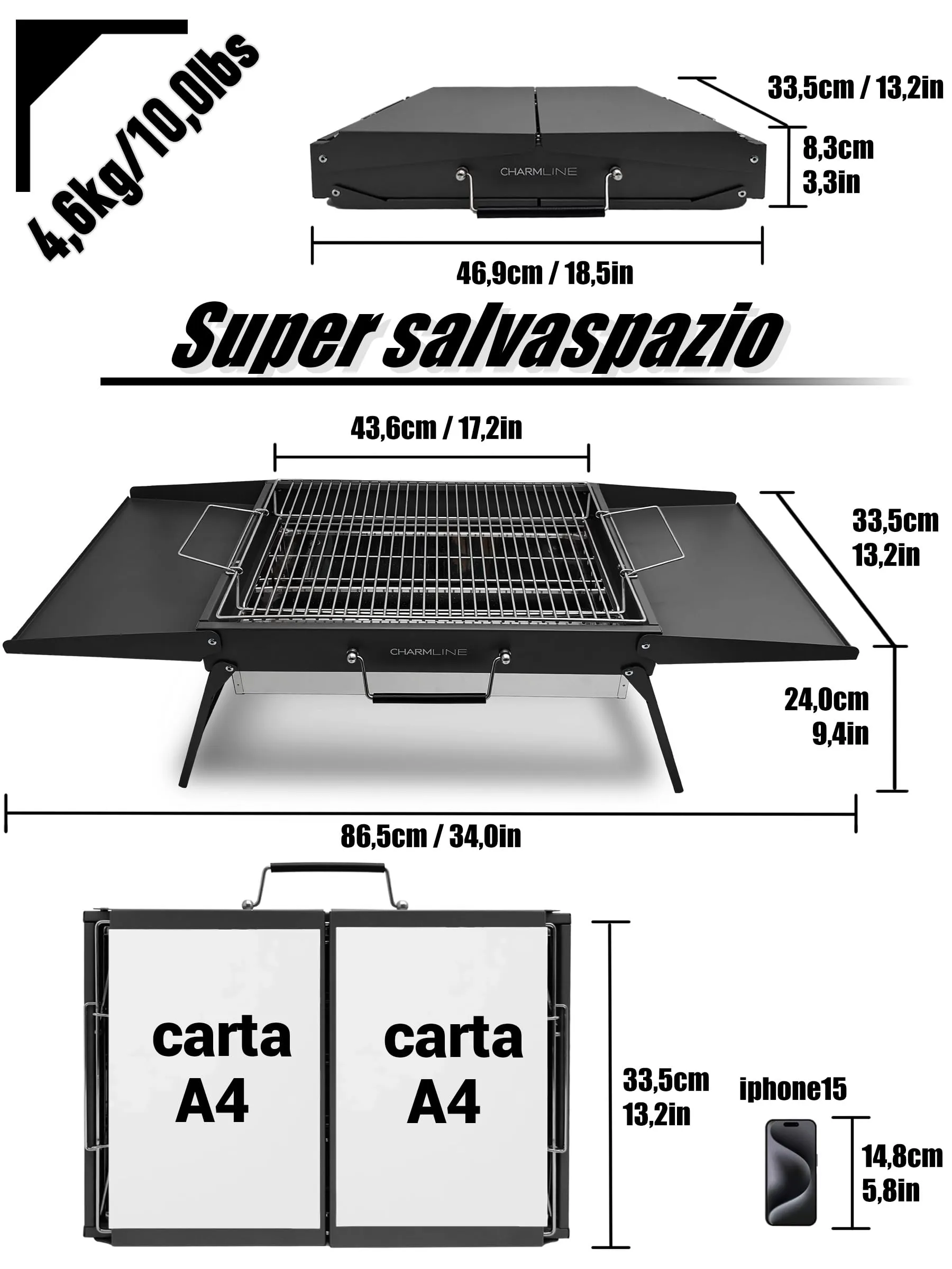 Charmline Griglia a Carbone Portatile Pieghevole, 47 x 34 cm, Nero - immagine 2
