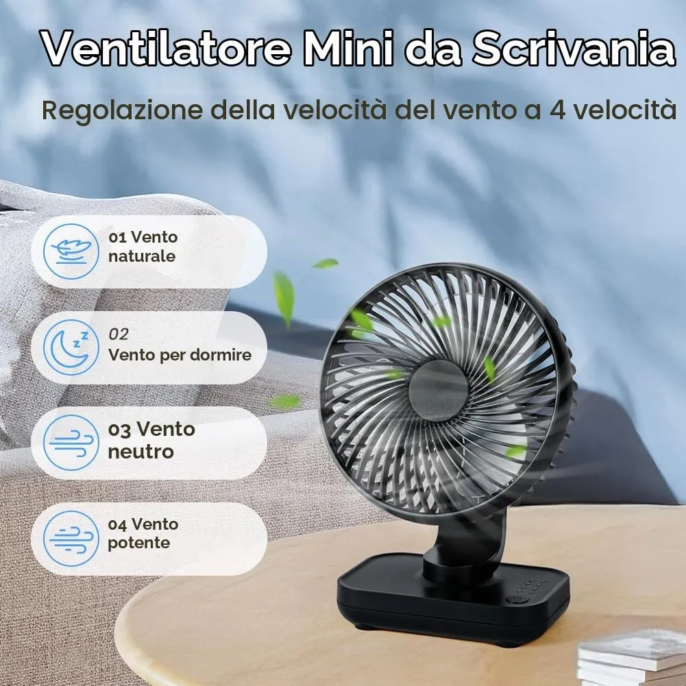 AUAUY Ventilatore da Tavolo USB Ricaricabile, Nero - immagine 7