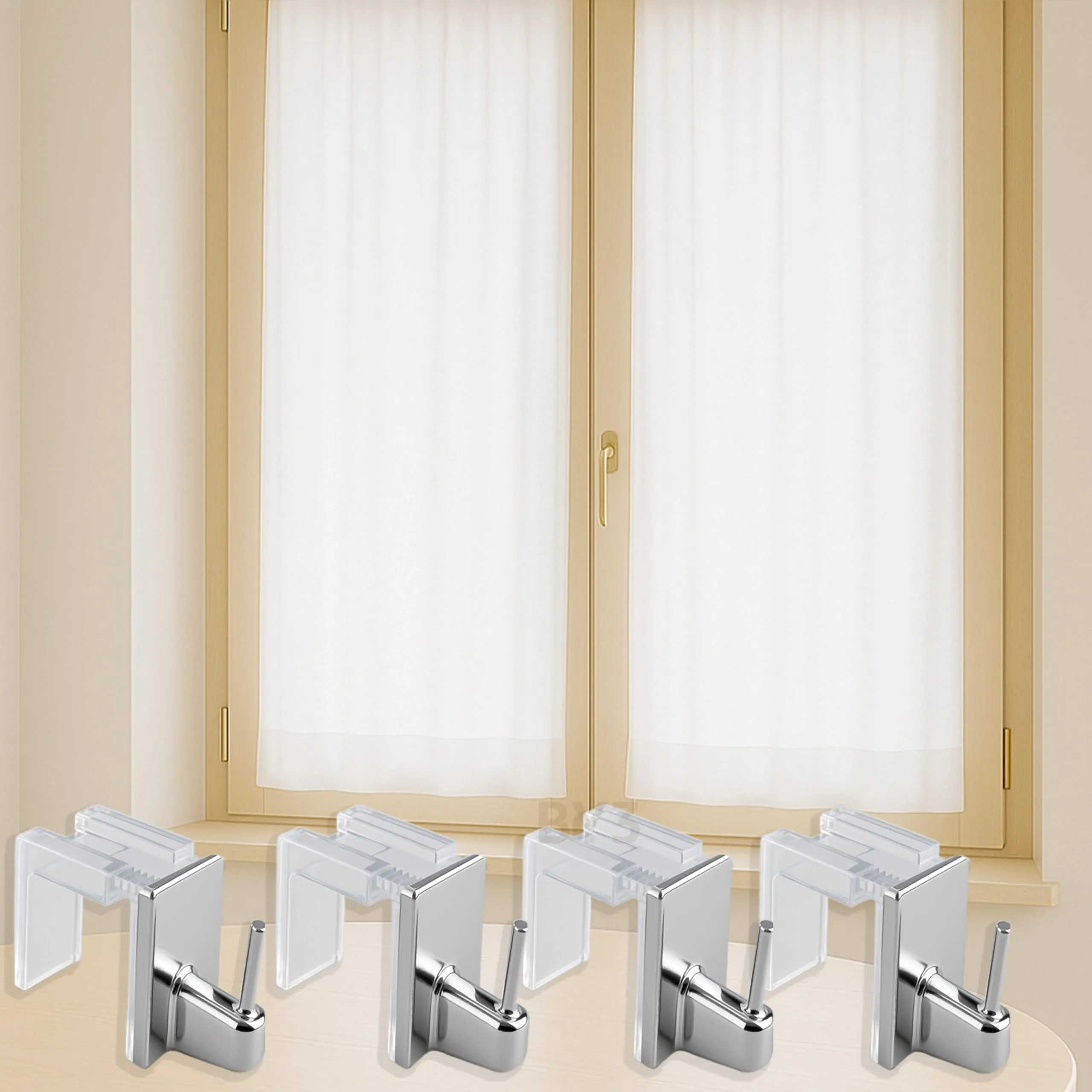 Byour3 Set 4 Supporti per Tende Senza Forare, Gancetti Trasparenti Regolabili per Bastoni a Pressione (Cromo, 15-26mm) - immagine 2