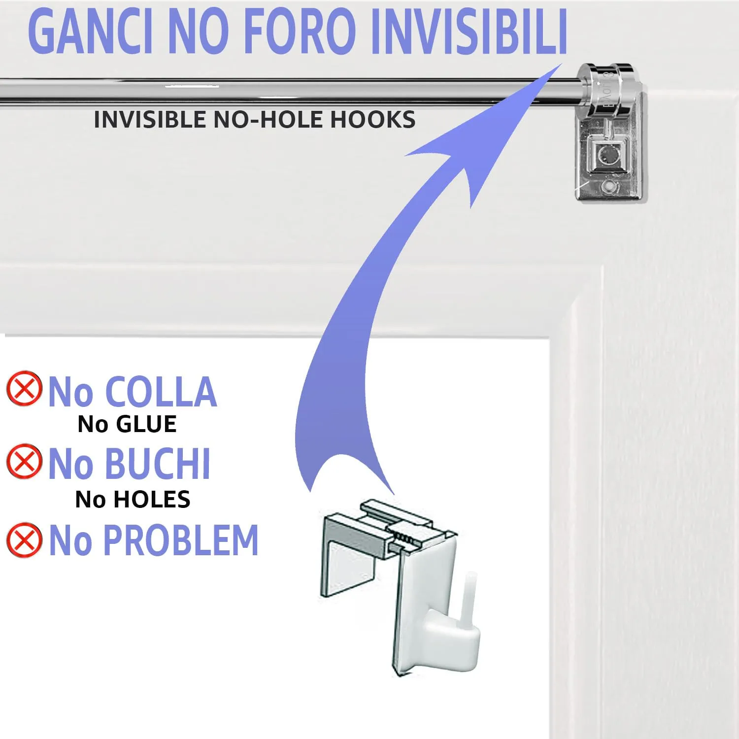Byour3 Set 4 Supporti per Tende Senza Forare, Gancetti Trasparenti Regolabili per Bastoni a Pressione (Cromo, 15-26mm) - immagine 3
