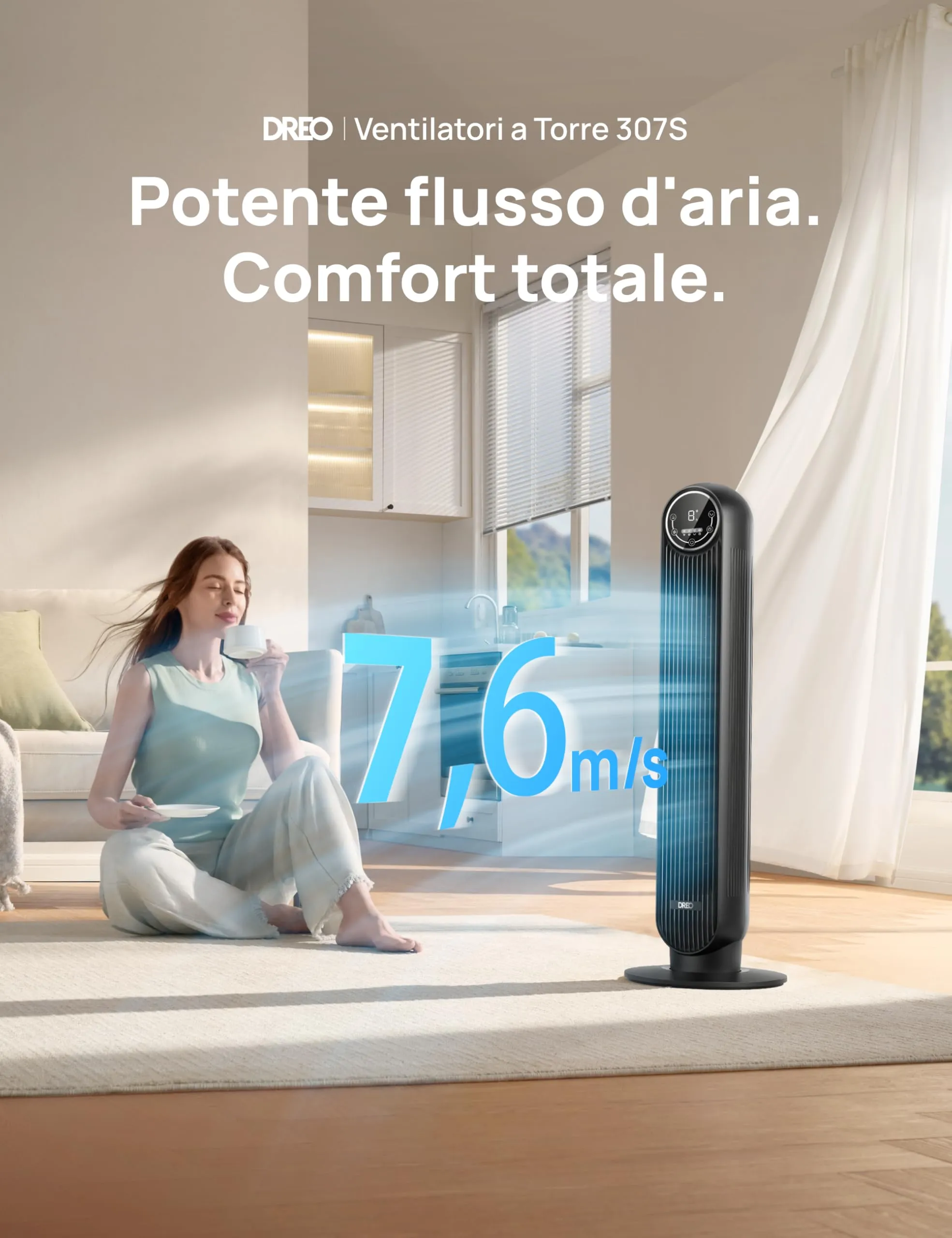 DREO Ventilatore a Torre Smart 307S, 91.44 cm, Telecomando, 4 Modalità, 4 Velocità, Oscillazione 90°, Timer 1-8h, Compatibile con Alexa, Nero - immagine 2