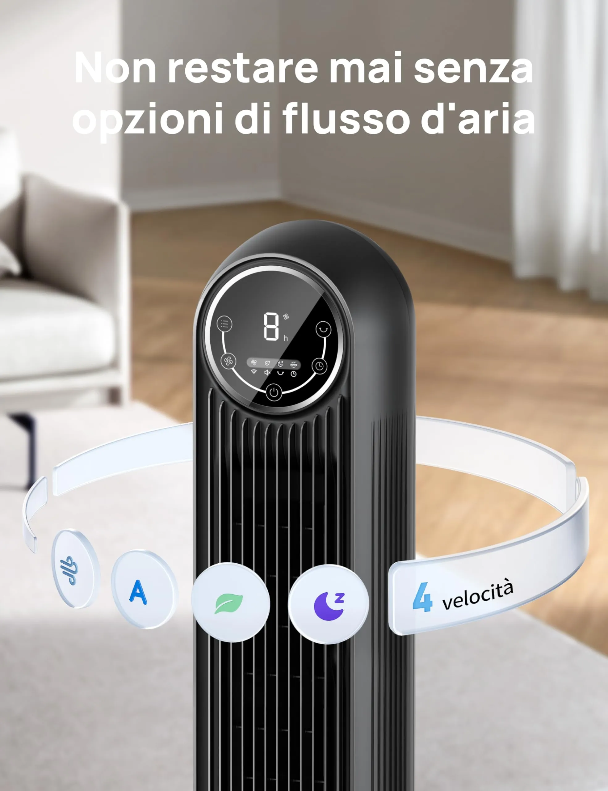 DREO Ventilatore a Torre Smart 307S, 91.44 cm, Telecomando, 4 Modalità, 4 Velocità, Oscillazione 90°, Timer 1-8h, Compatibile con Alexa, Nero - immagine 6
