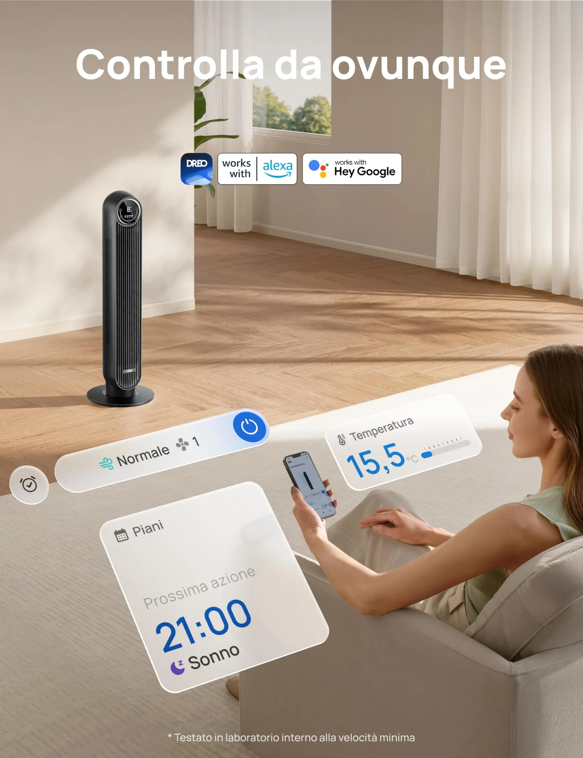 DREO Ventilatore a Torre Smart 307S, 91.44 cm, Telecomando, 4 Modalità, 4 Velocità, Oscillazione 90°, Timer 1-8h, Compatibile con Alexa, Nero - immagine 7