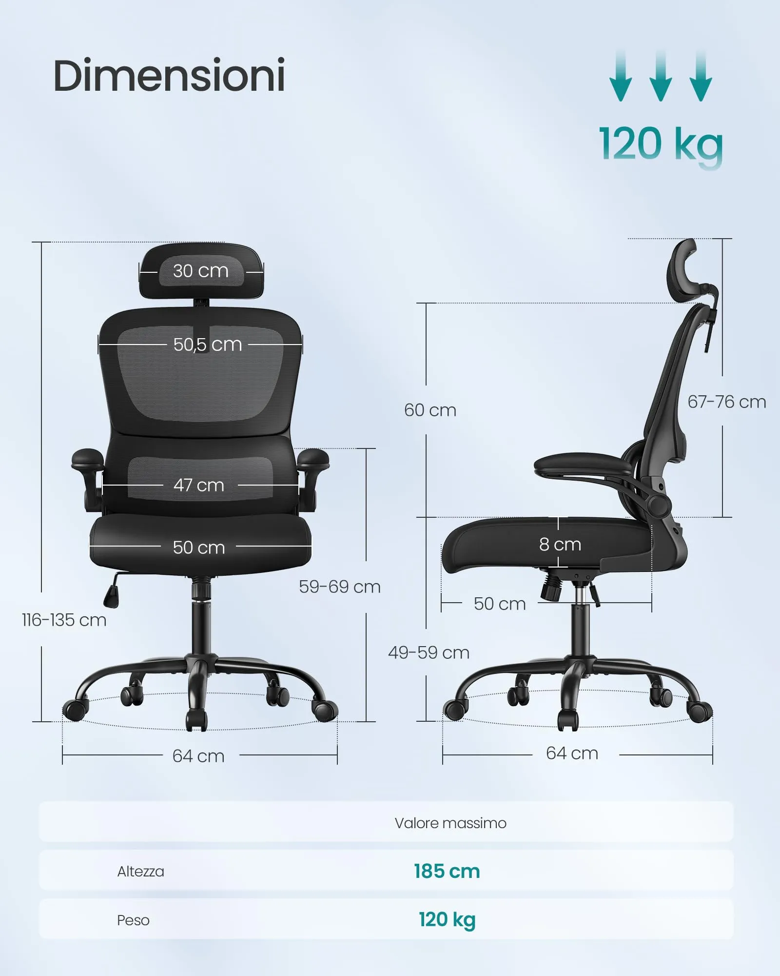 SONGMICS Sedia Ergonomica da Ufficio in Tessuto Rete a Doppio Strato con Braccioli Sollevabili e Supporto Lombare, Nero Inchiostro OBN041B01 - immagine 2