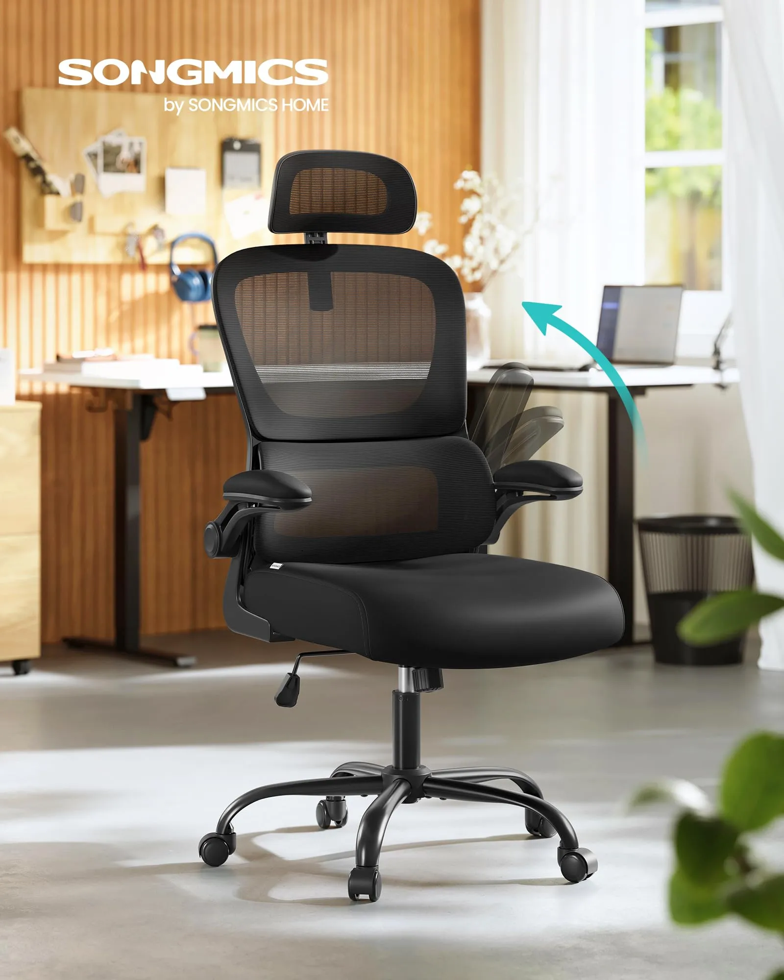 SONGMICS Sedia Ergonomica da Ufficio in Tessuto Rete a Doppio Strato con Braccioli Sollevabili e Supporto Lombare, Nero Inchiostro OBN041B01 - immagine 3