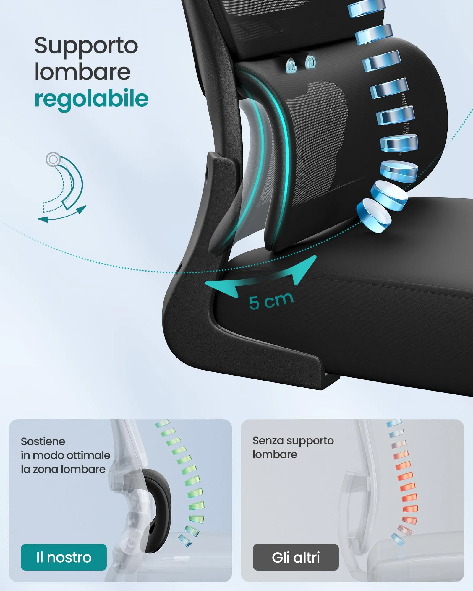 SONGMICS Sedia Ergonomica da Ufficio in Tessuto Rete a Doppio Strato con Braccioli Sollevabili e Supporto Lombare, Nero Inchiostro OBN041B01 - immagine 4