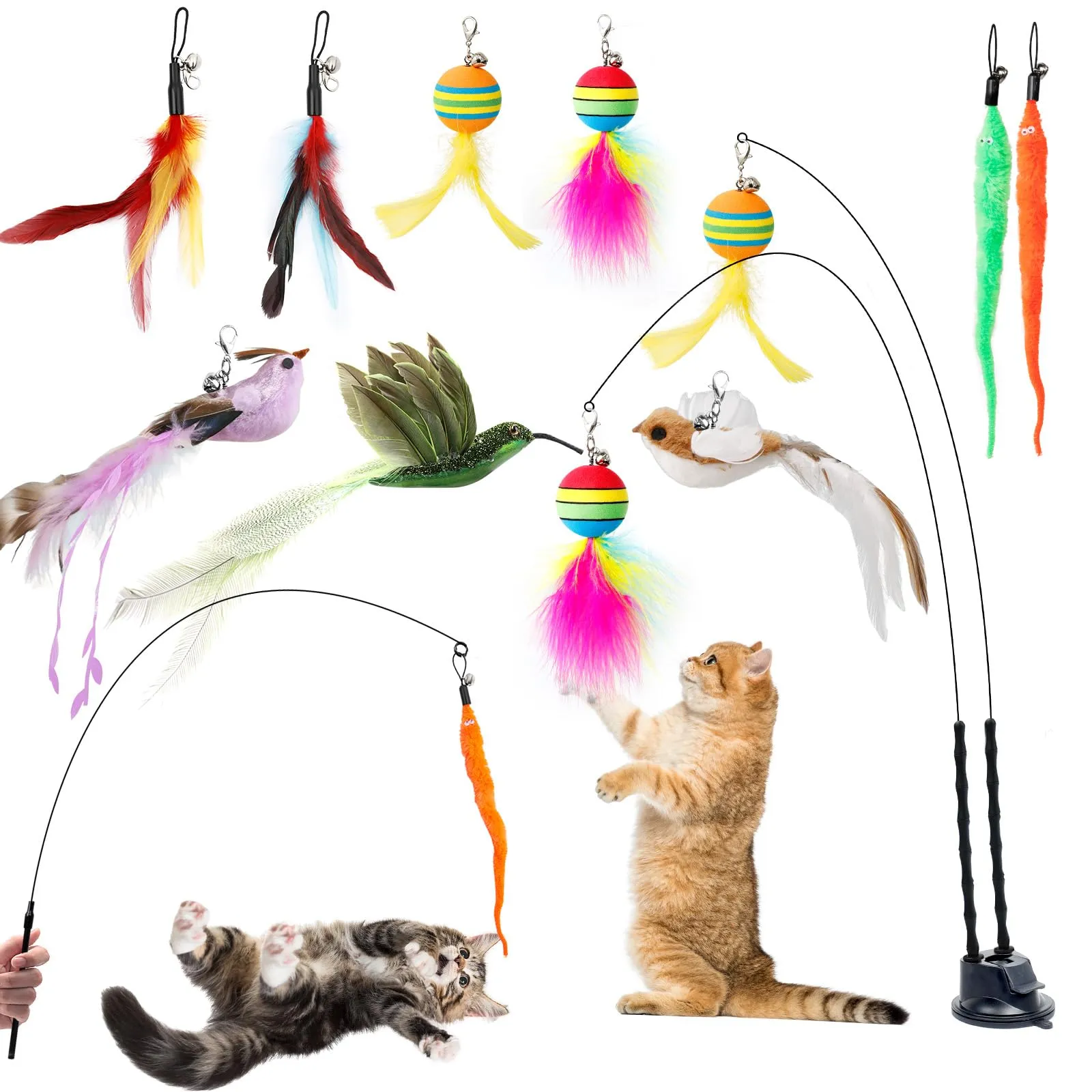 AiQInu Gioco Interattivo per Gatti, Set da 12 Pezzi con Ventosa e 2 Canne da Pesca - immagine 1