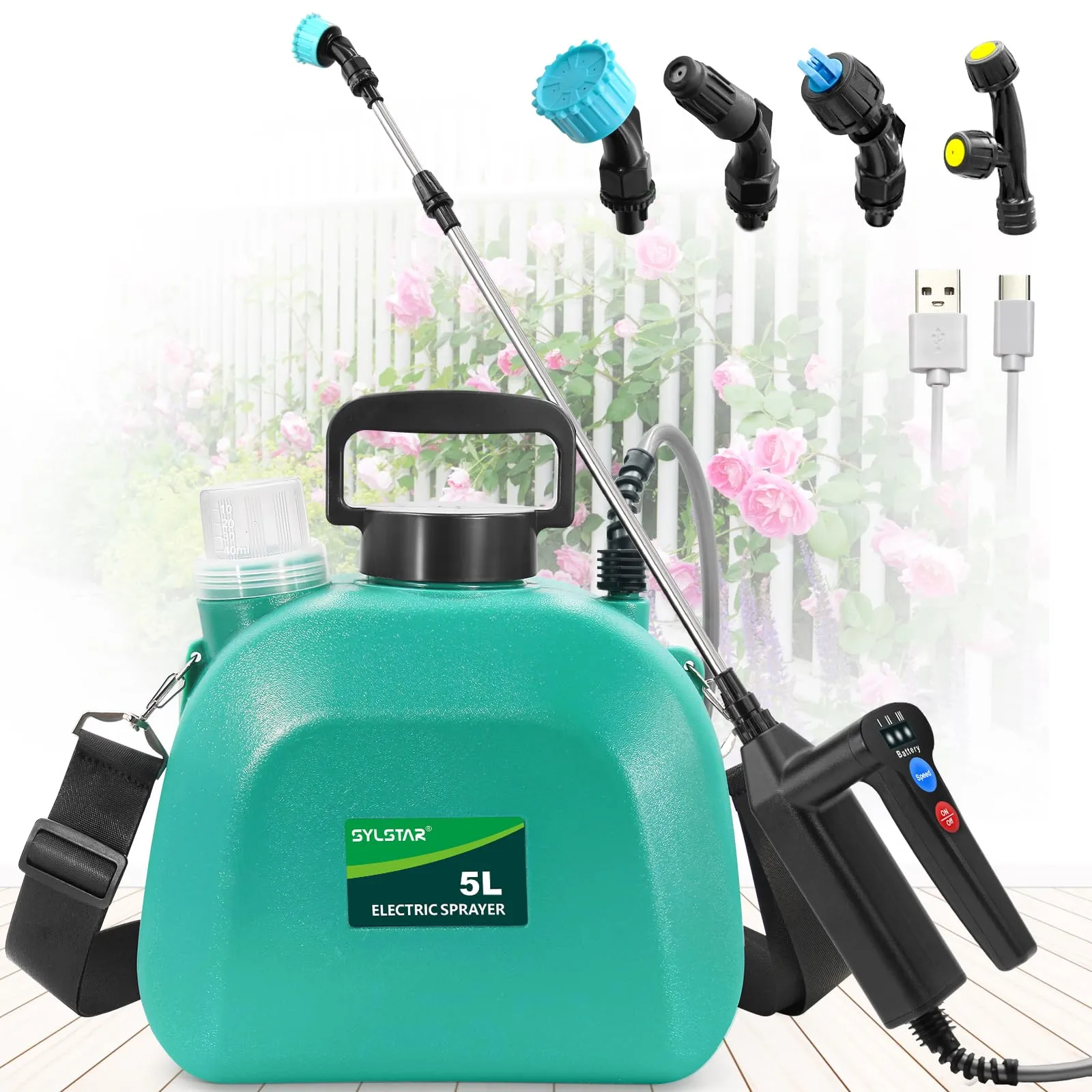 SYLSTAR Pompa Irroratrice a Batteria 5L, 3 Velocità, 7.4V con Indicatore di Batteria e 4 Ugelli Regolabili (Verde) - immagine 1