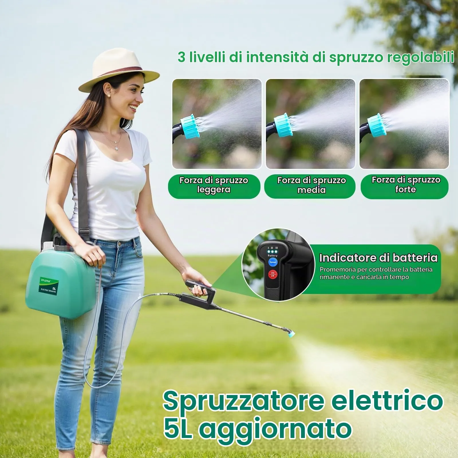 SYLSTAR Pompa Irroratrice a Batteria 5L, 3 Velocità, 7.4V con Indicatore di Batteria e 4 Ugelli Regolabili (Verde) - immagine 2