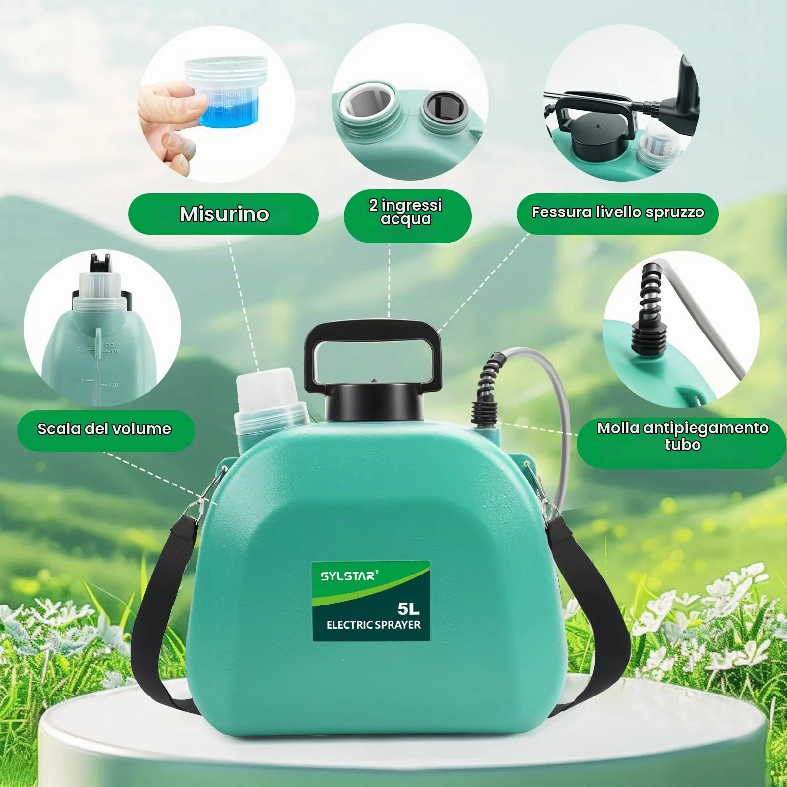 SYLSTAR Pompa Irroratrice a Batteria 5L, 3 Velocità, 7.4V con Indicatore di Batteria e 4 Ugelli Regolabili (Verde) - immagine 6
