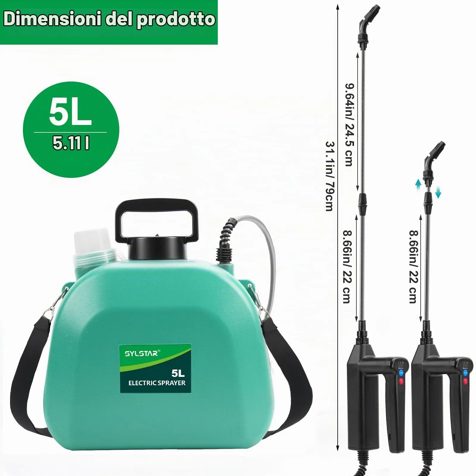 SYLSTAR Pompa Irroratrice a Batteria 5L, 3 Velocità, 7.4V con Indicatore di Batteria e 4 Ugelli Regolabili (Verde) - immagine 7