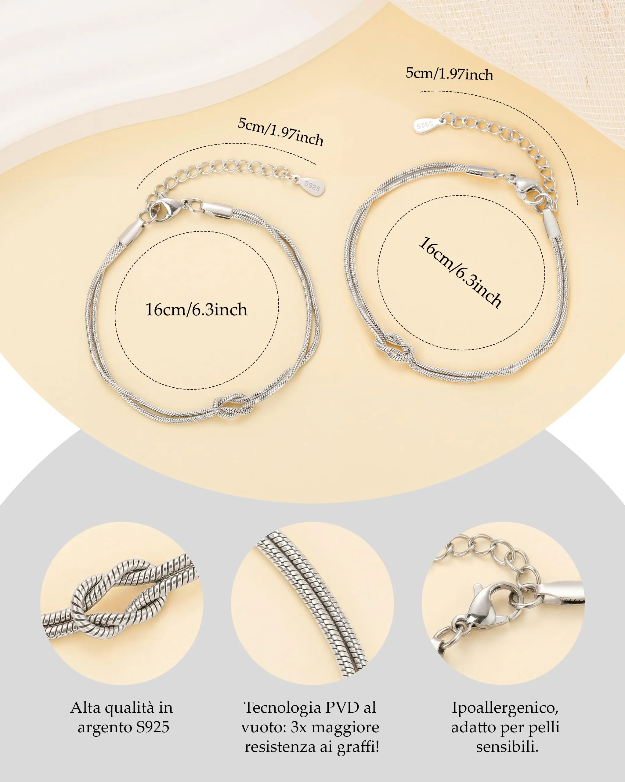J.Fée Set 2 Bracciali Coppia Nodo d'Amore in Argento 925, 21cm - immagine 5