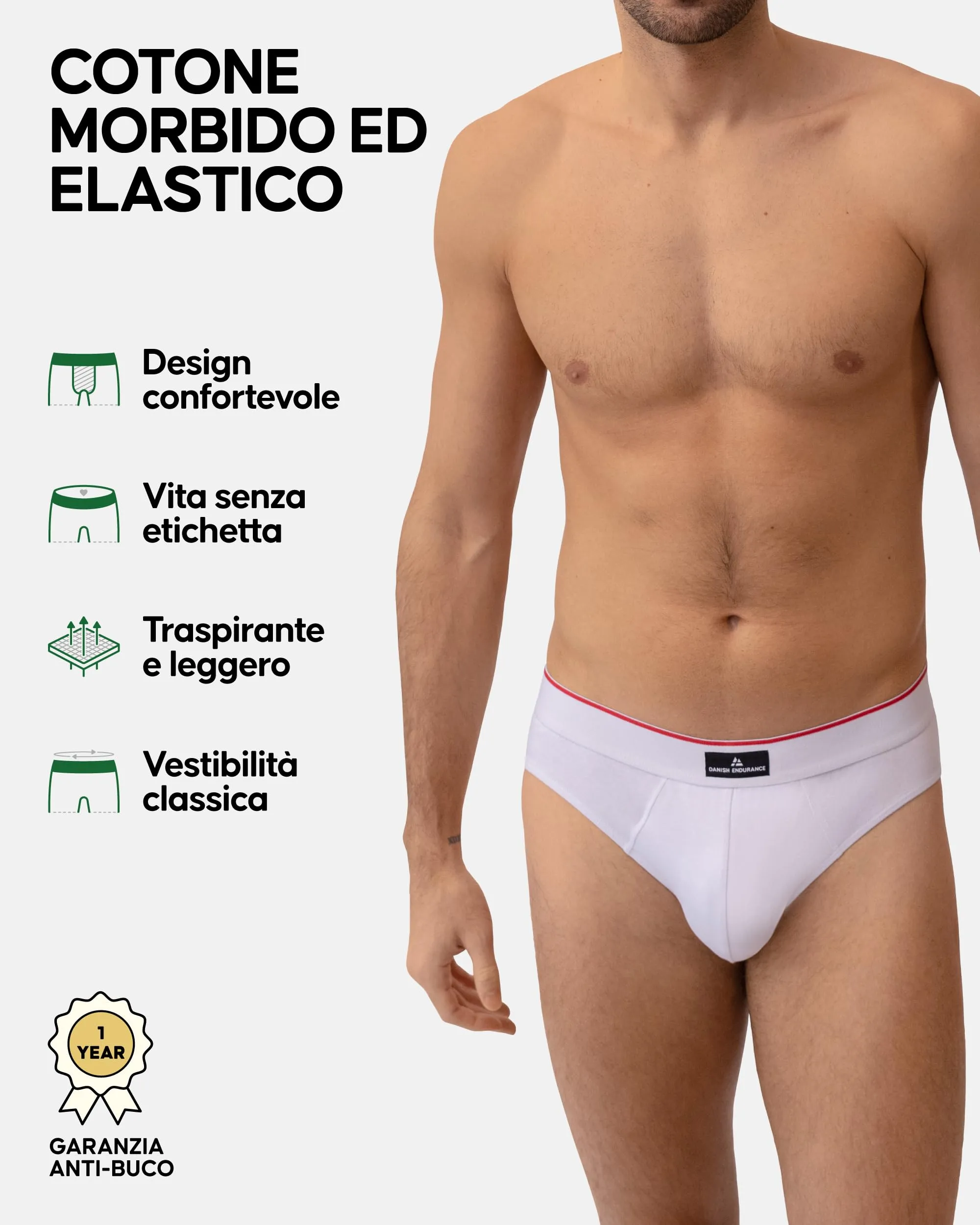 Danish Endurance Slip Uomo in Cotone, Bianco/Rosso, L - immagine 2