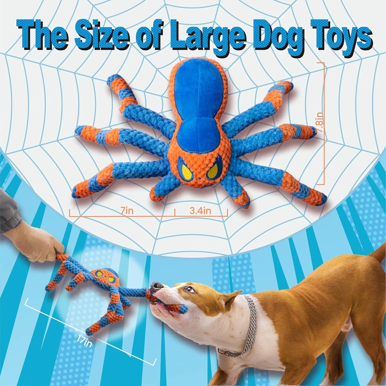 LEGEND SANDY Dog Toys for Aggressive Chewers, Large Interactive Squeaky Tug of War, Blue Spider - immagine 4