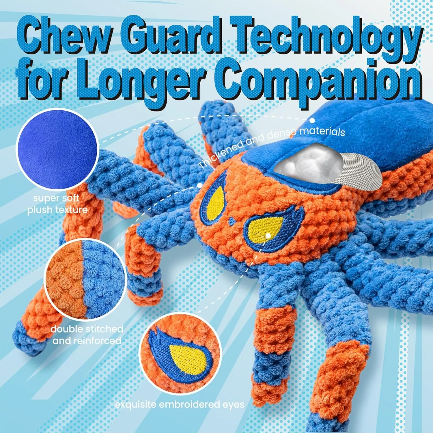 LEGEND SANDY Dog Toys for Aggressive Chewers, Large Interactive Squeaky Tug of War, Blue Spider - immagine 8