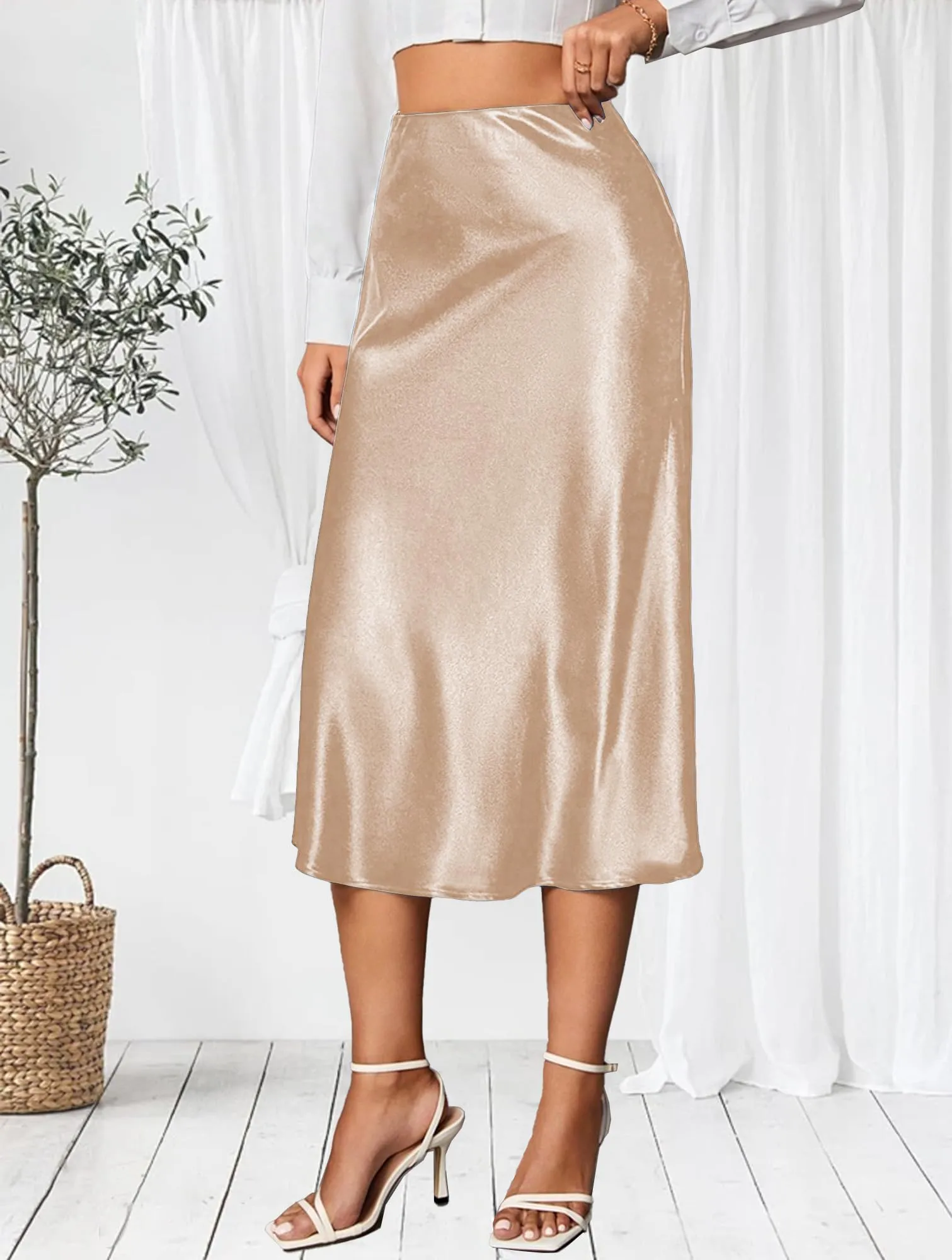 Koerye Gonna Midi Satinata Vita Alta A-Line per Donna - immagine 2