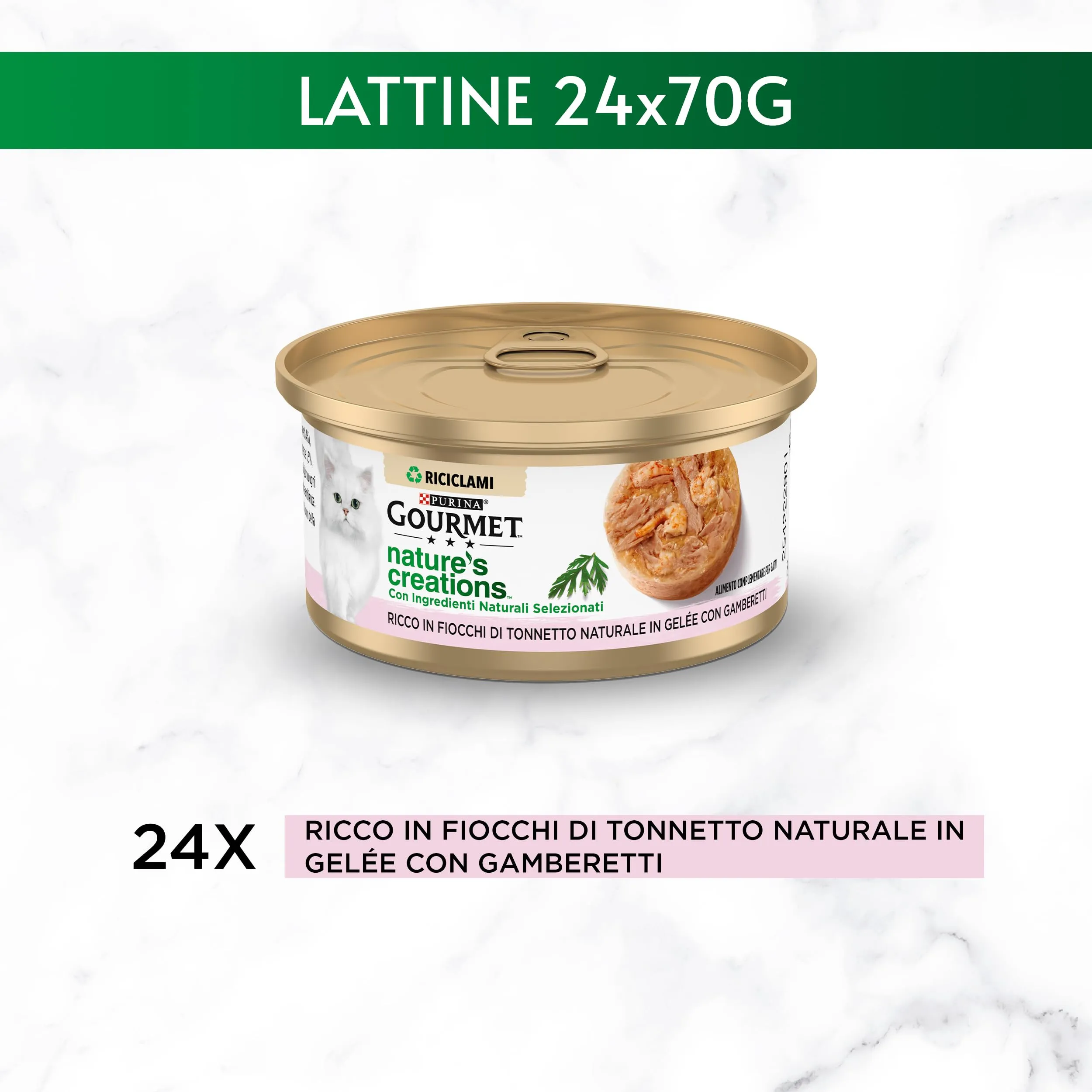 Gourmet Nature's Creations Cibo Umido per Gatti Adulti Fiocchi di Tonnetto Naturale e Gamberetti in Gelée, 24 x 70g - immagine 3